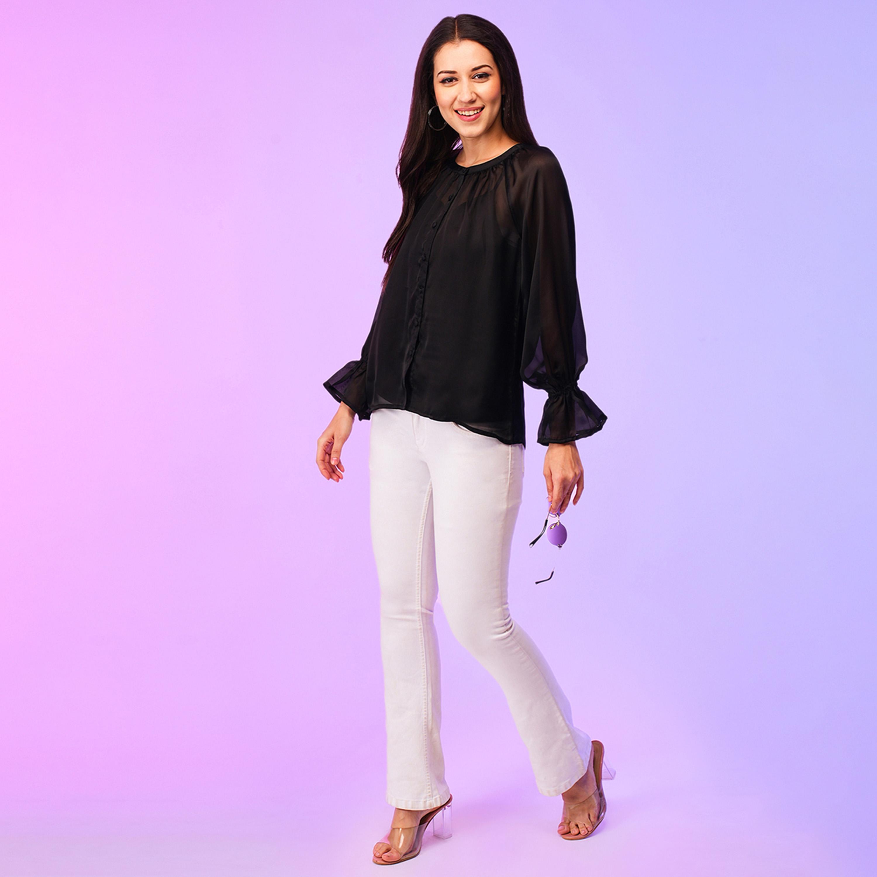 Globus X Styli Solid Round Neck Flute Sleeve Top-women-clothing-shirtsandblouses-blouses-image-5
