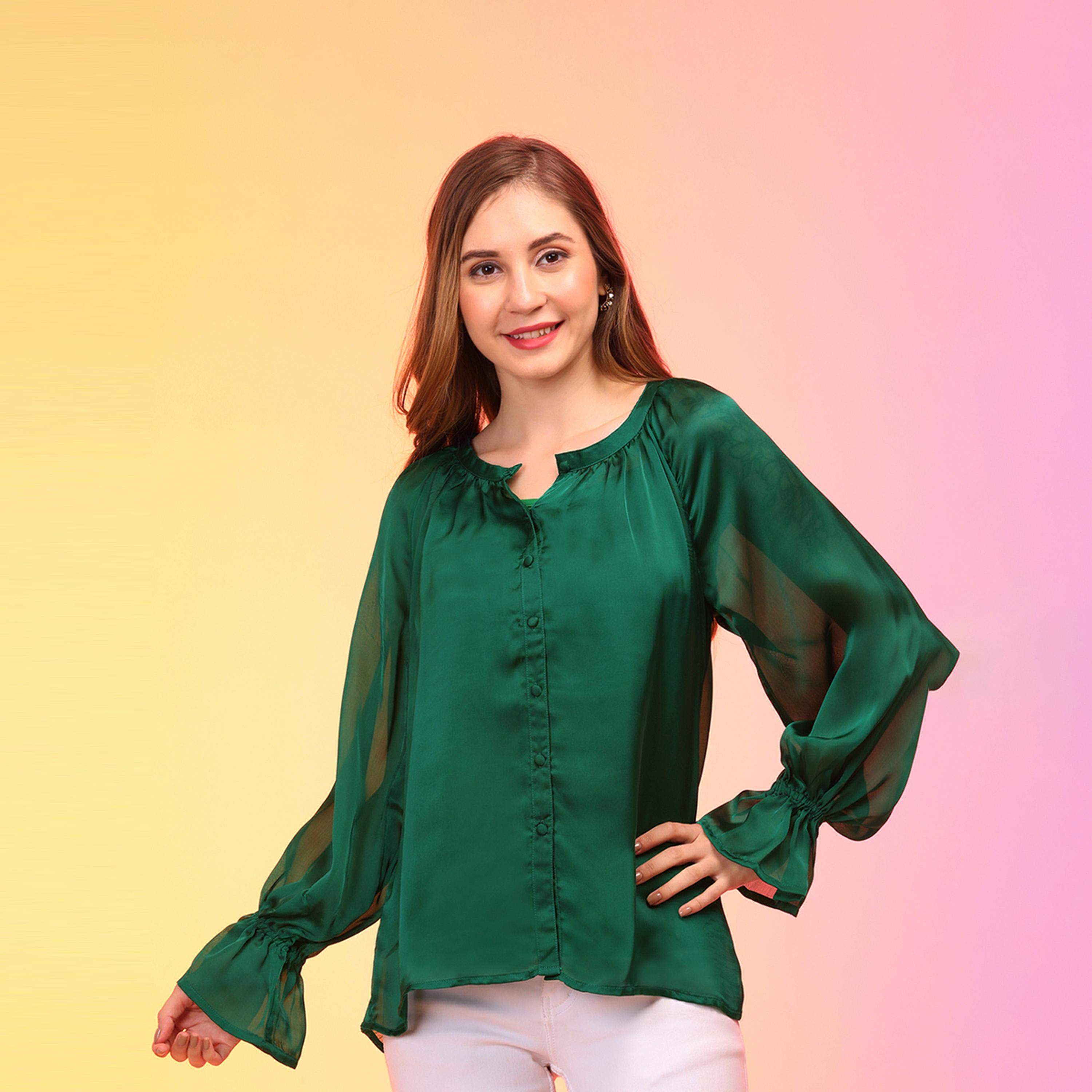 Globus X Styli Satin Loose Fit Balloon Sleeves Buttoned Top-women-clothing-shirtsandblouses-blouses-image-1