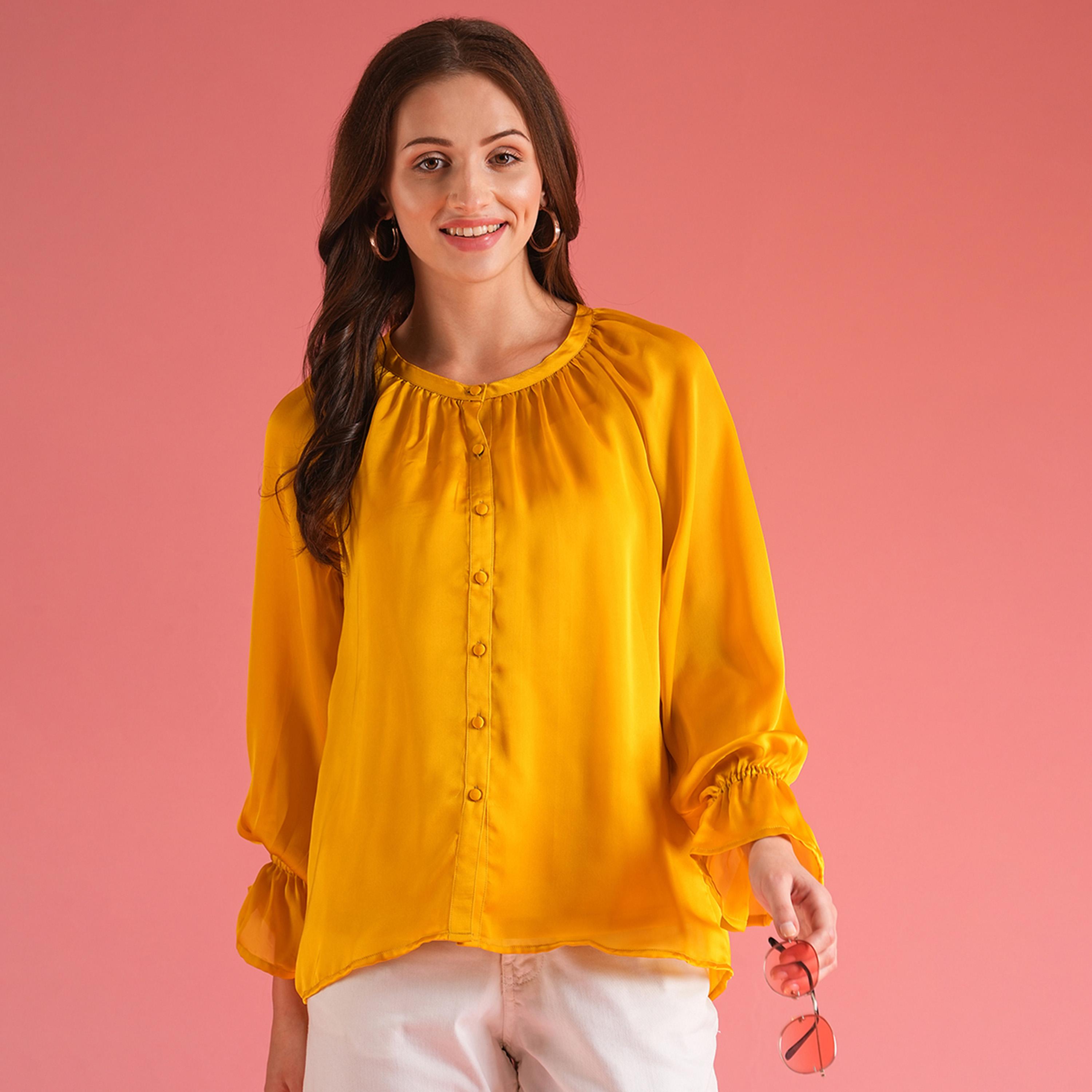 غلوبوس × ستايلي - بلوزة من الساتان بقصّة فضفاضة وأكمام منفوخة وأزرار-women-clothing-shirtsandblouses-blouses-image-1