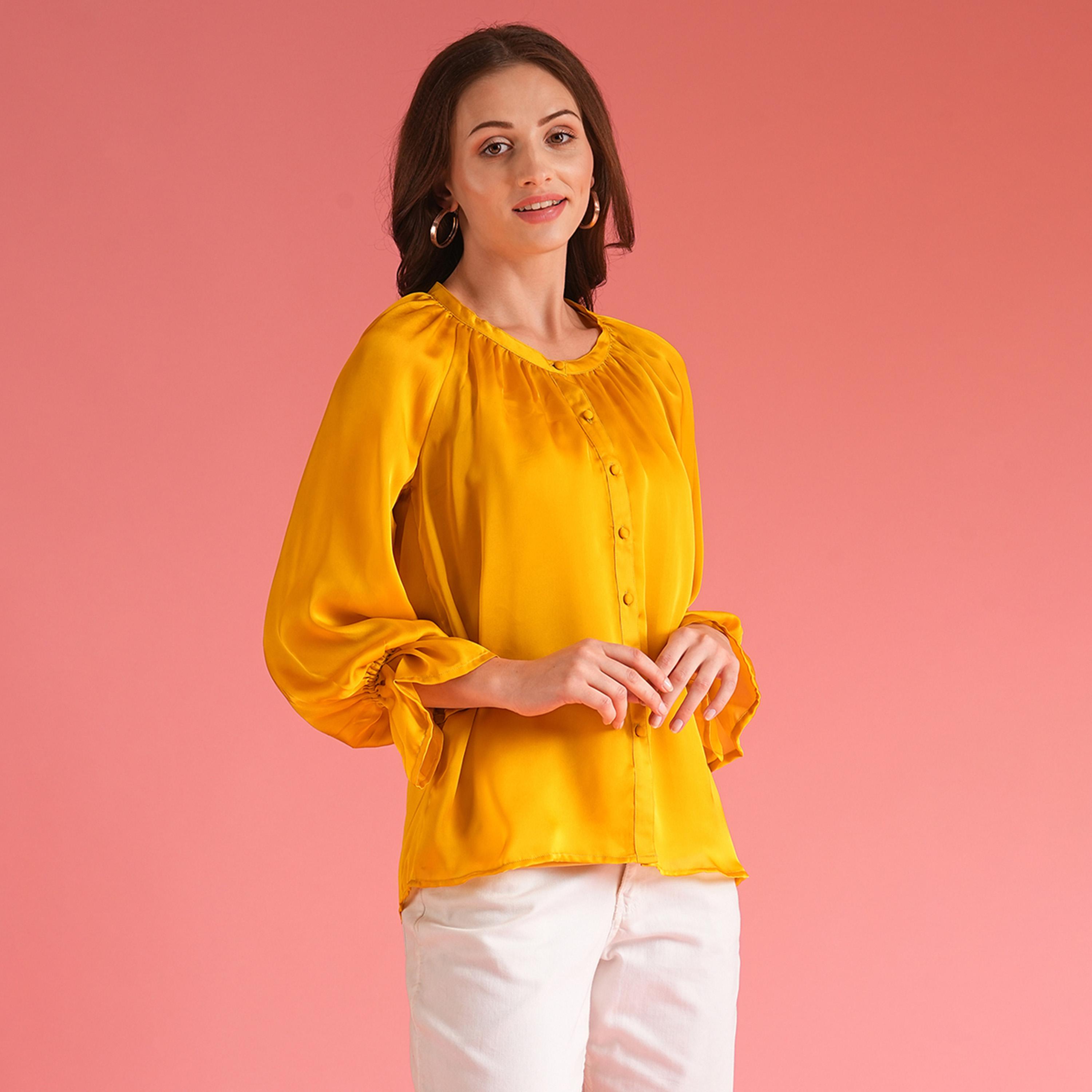 غلوبوس × ستايلي - بلوزة من الساتان بقصّة فضفاضة وأكمام منفوخة وأزرار-women-clothing-shirtsandblouses-blouses-image-2