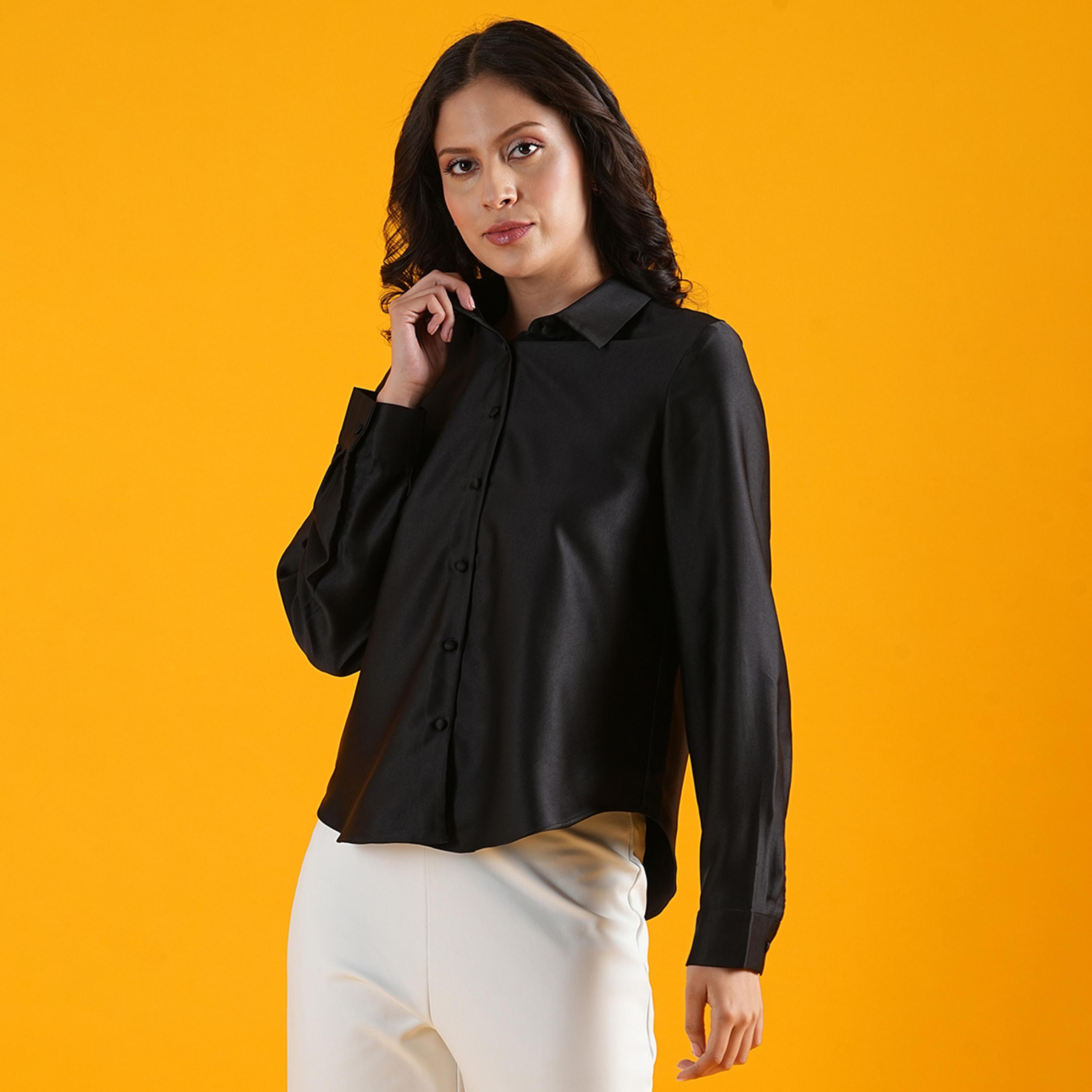 غلوبوس × ستايلي - قميص سادة بياقة واسعة وحافة منحنية وأزرار-women-clothing-shirtsandblouses-shirts-image-4