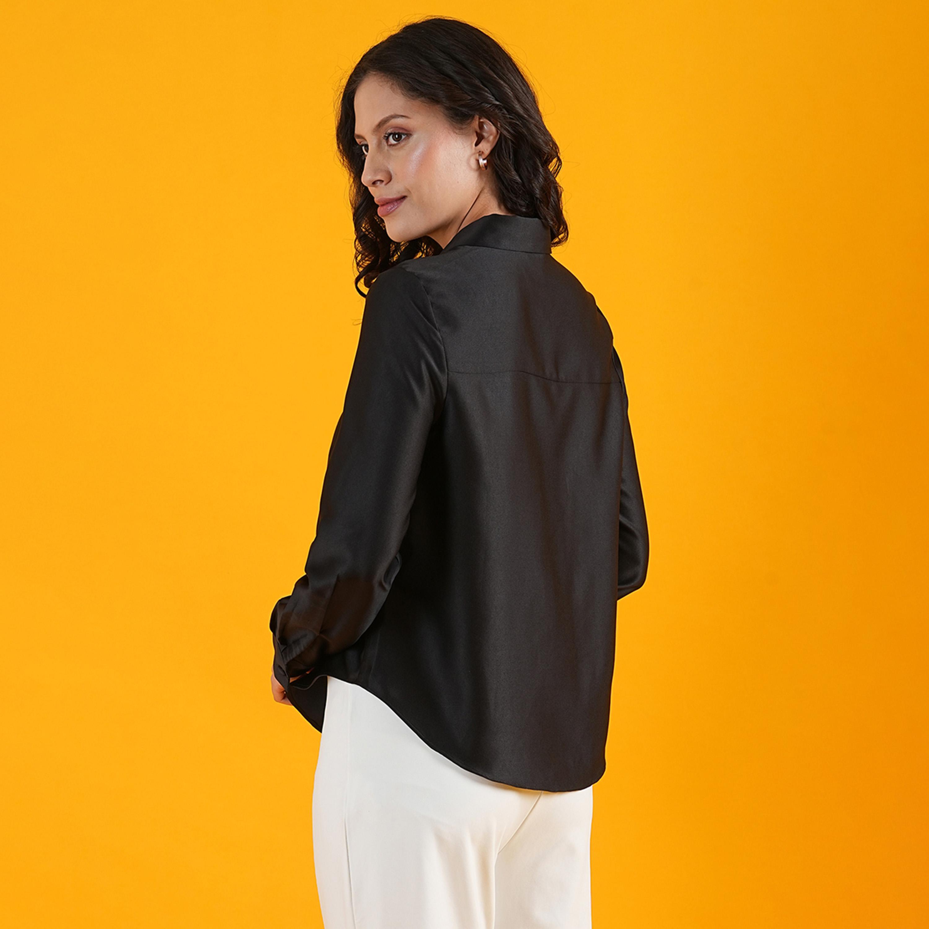 Globus X Styli Solid Spread Collar Curved Hem Buttoned Shirt-women-clothing-shirtsandblouses-shirts-image-3