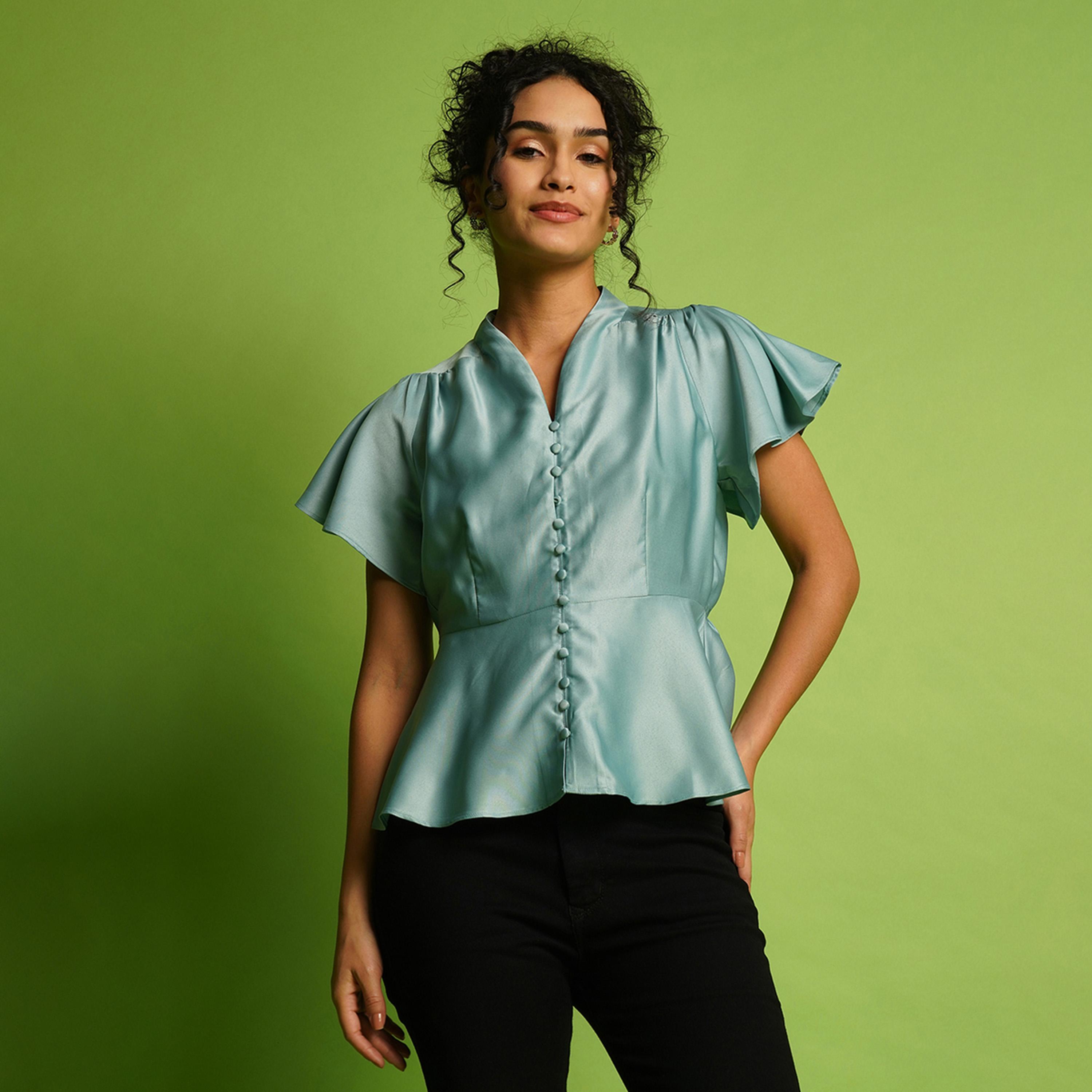 Globus X Styli Solid Satin V-Neck Flute Sleeve Buttoned Top-women-clothing-shirtsandblouses-blouses-image-1