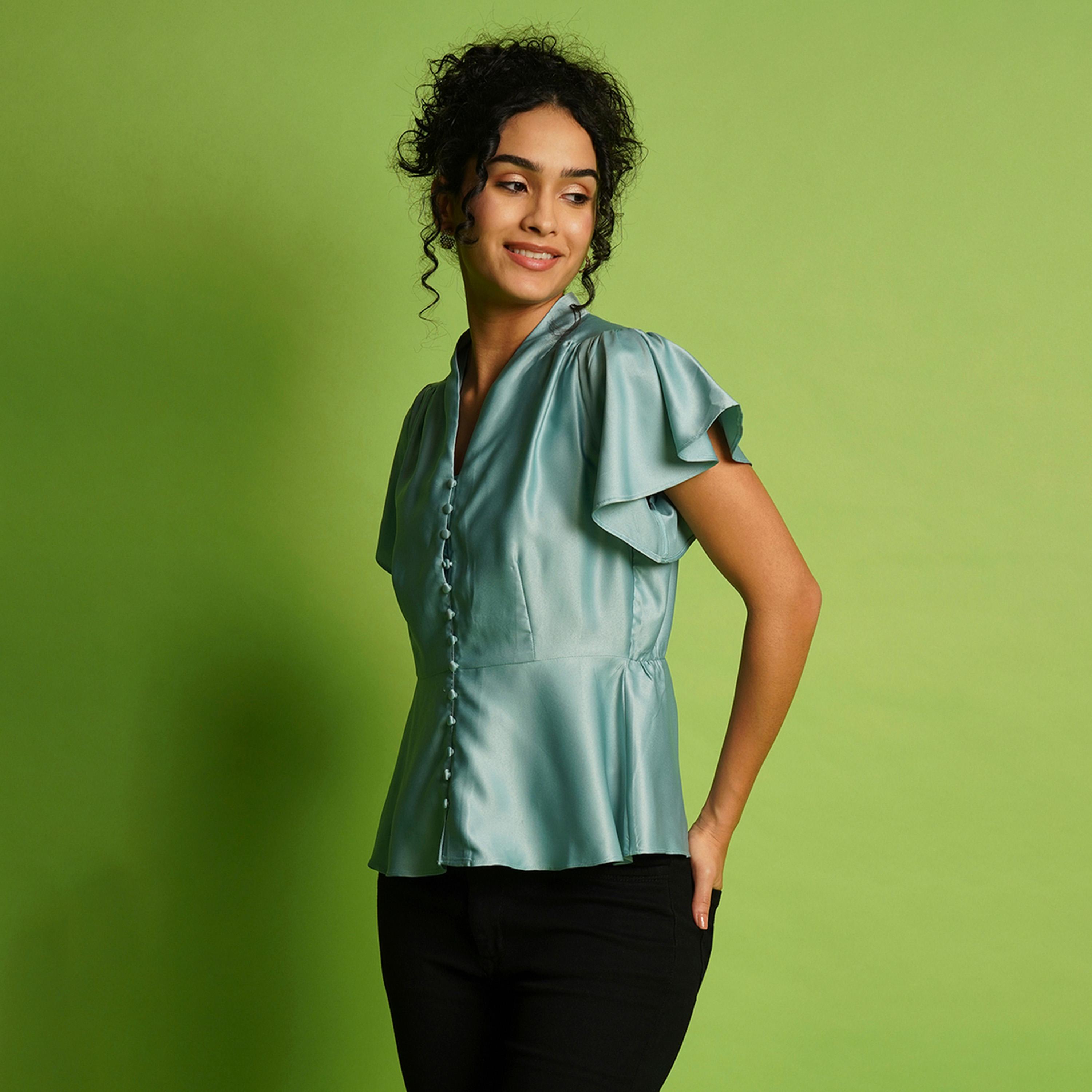 Globus X Styli Solid Satin V-Neck Flute Sleeve Buttoned Top-women-clothing-shirtsandblouses-blouses-image-2