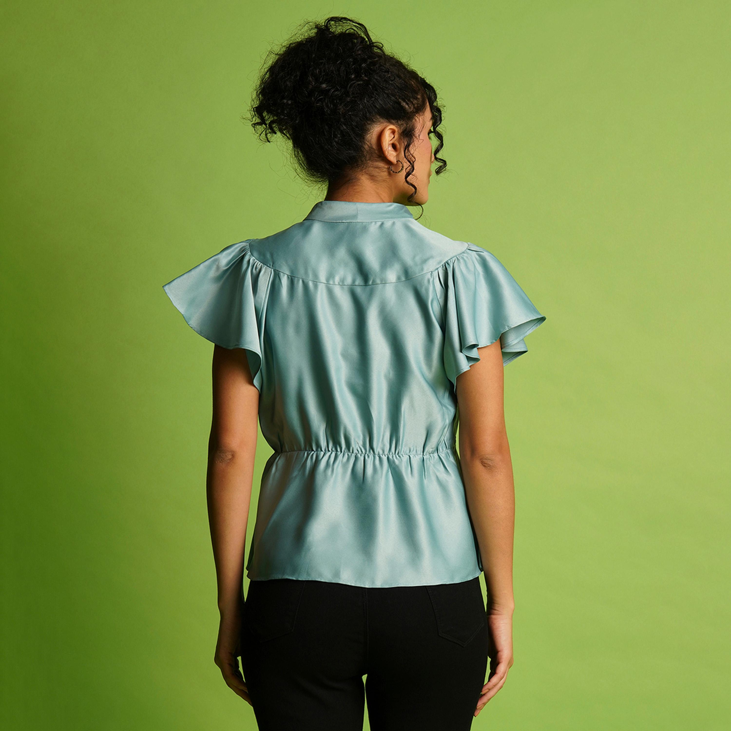 Globus X Styli Solid Satin V-Neck Flute Sleeve Buttoned Top-women-clothing-shirtsandblouses-blouses-image-3