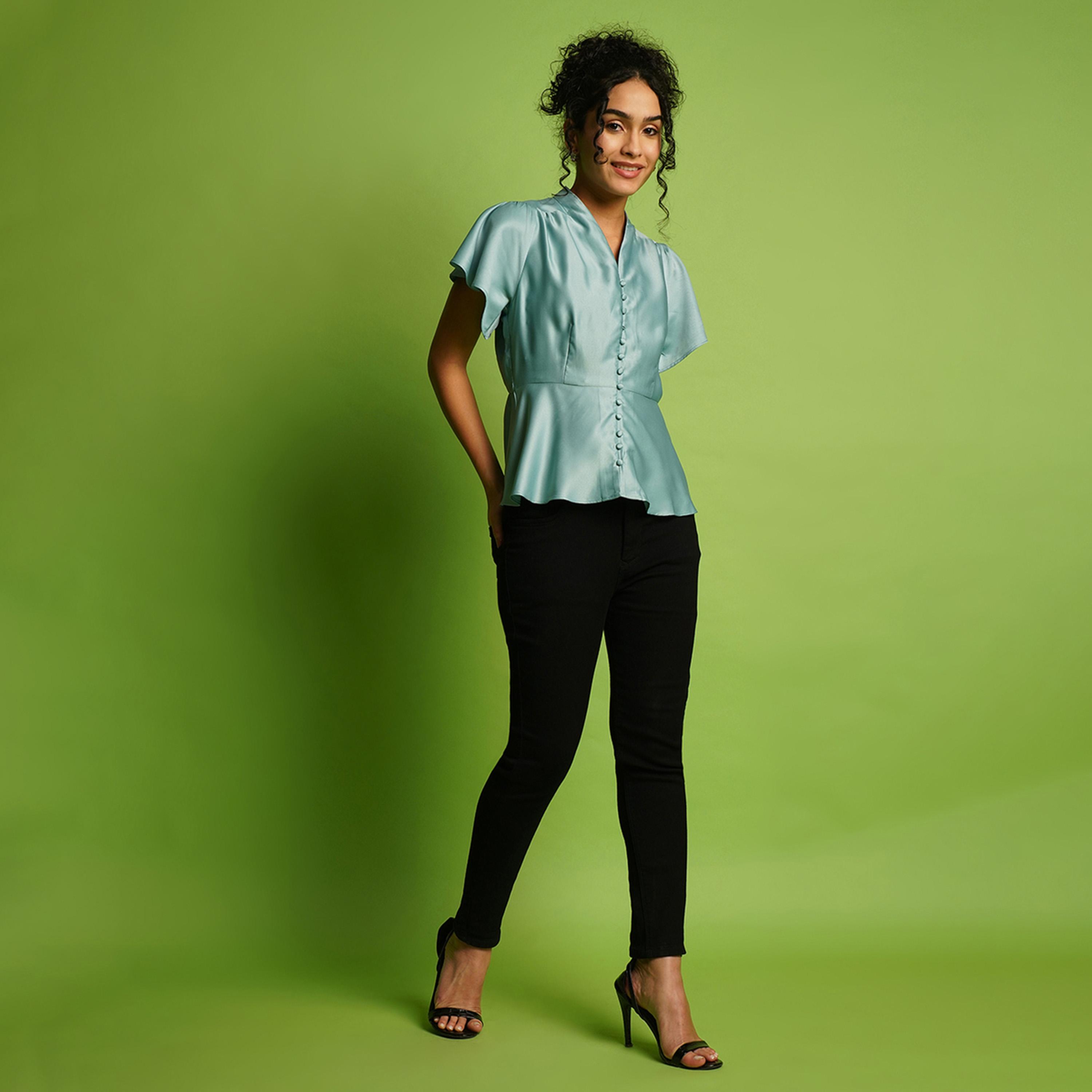 Globus X Styli Solid Satin V-Neck Flute Sleeve Buttoned Top-women-clothing-shirtsandblouses-blouses-image-5