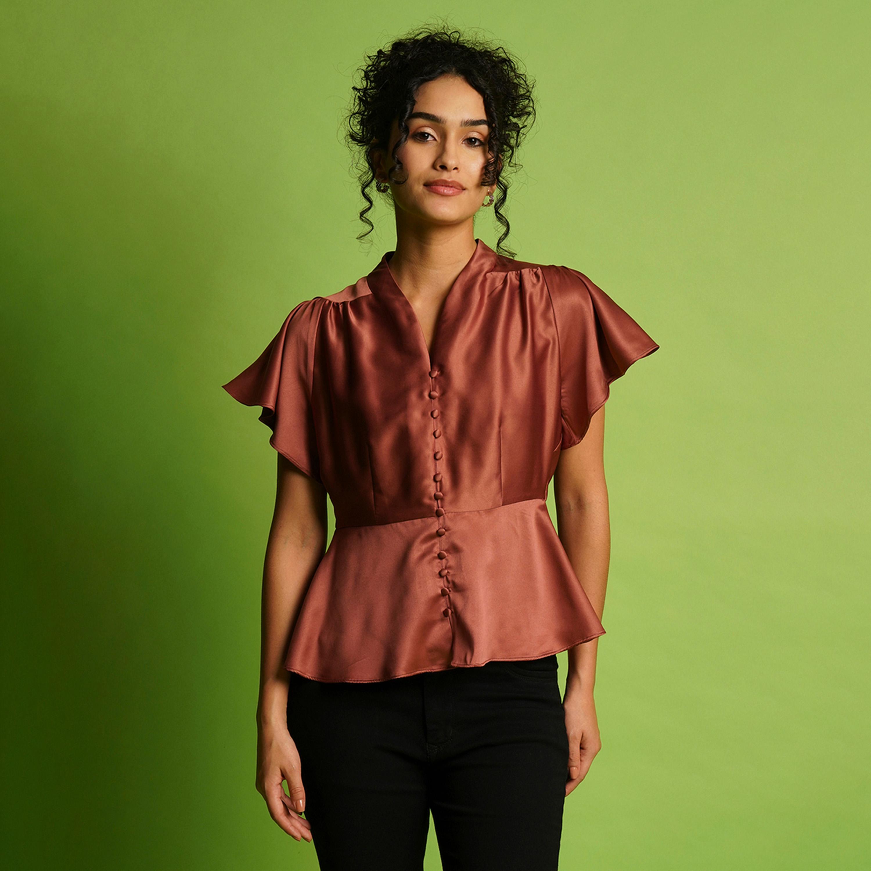 Globus X Styli Solid Satin V-Neck Flute Sleeve Buttoned Top-women-clothing-shirtsandblouses-blouses-image-1