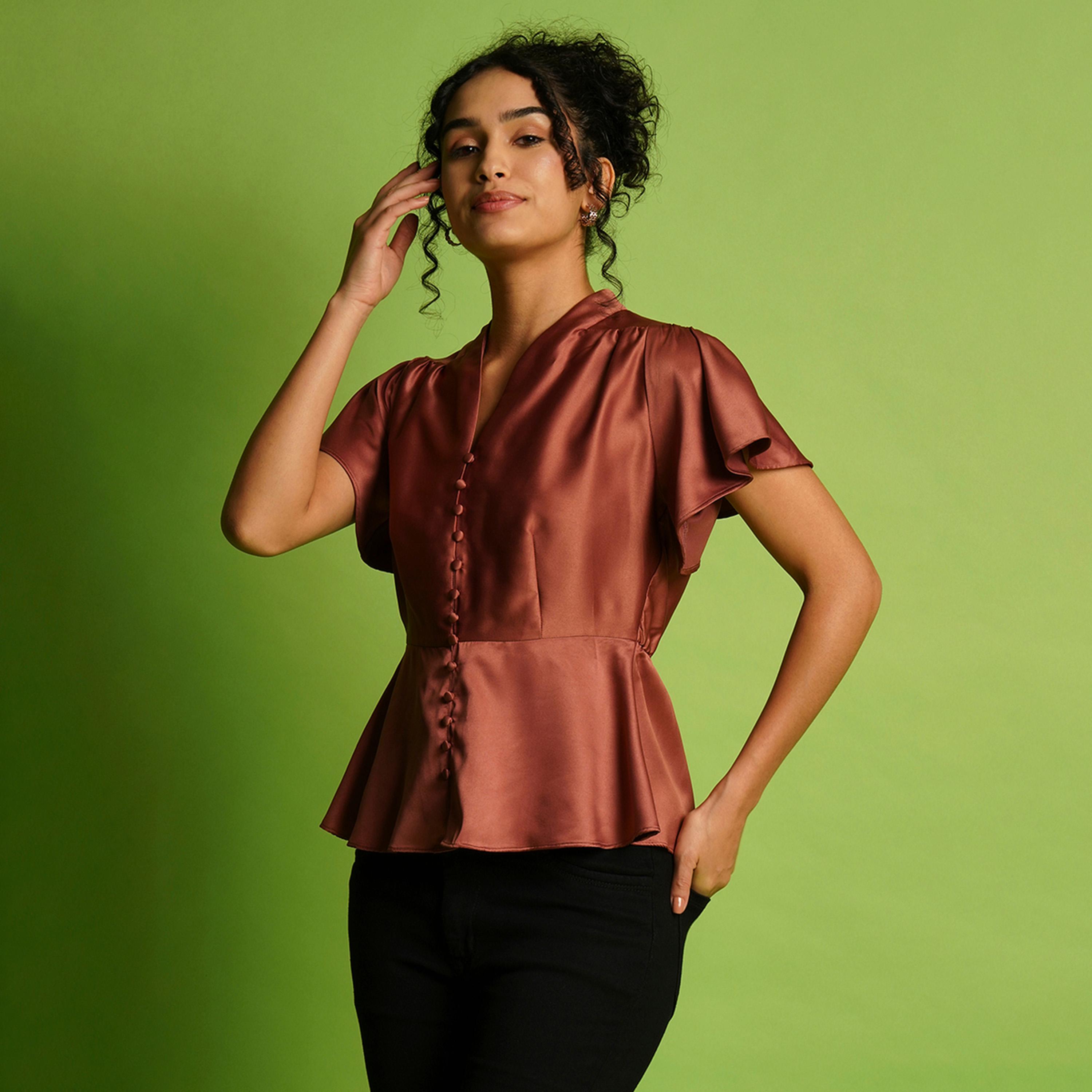 Globus X Styli Solid Satin V-Neck Flute Sleeve Buttoned Top-women-clothing-shirtsandblouses-blouses-image-2