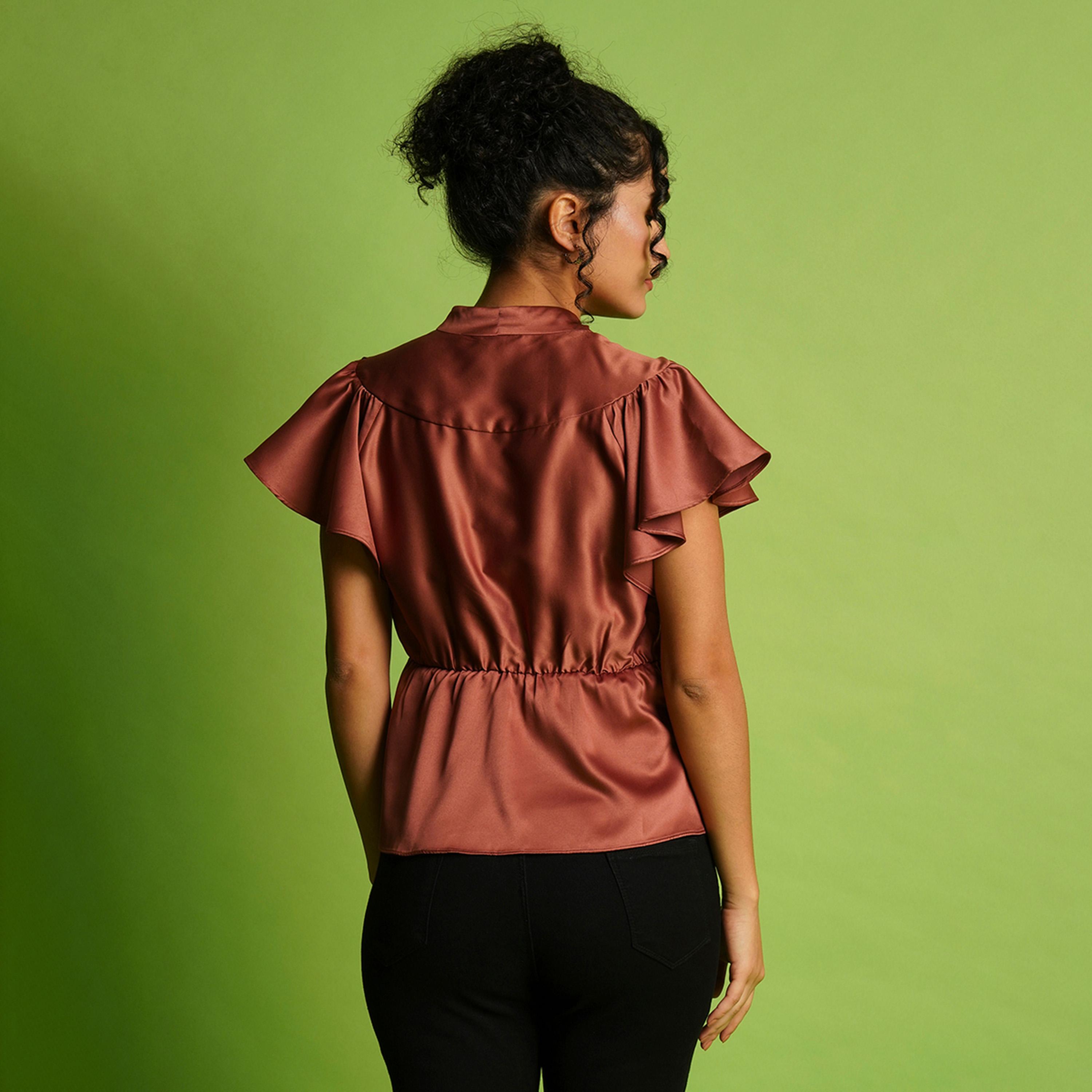 Globus X Styli Solid Satin V-Neck Flute Sleeve Buttoned Top-women-clothing-shirtsandblouses-blouses-image-3
