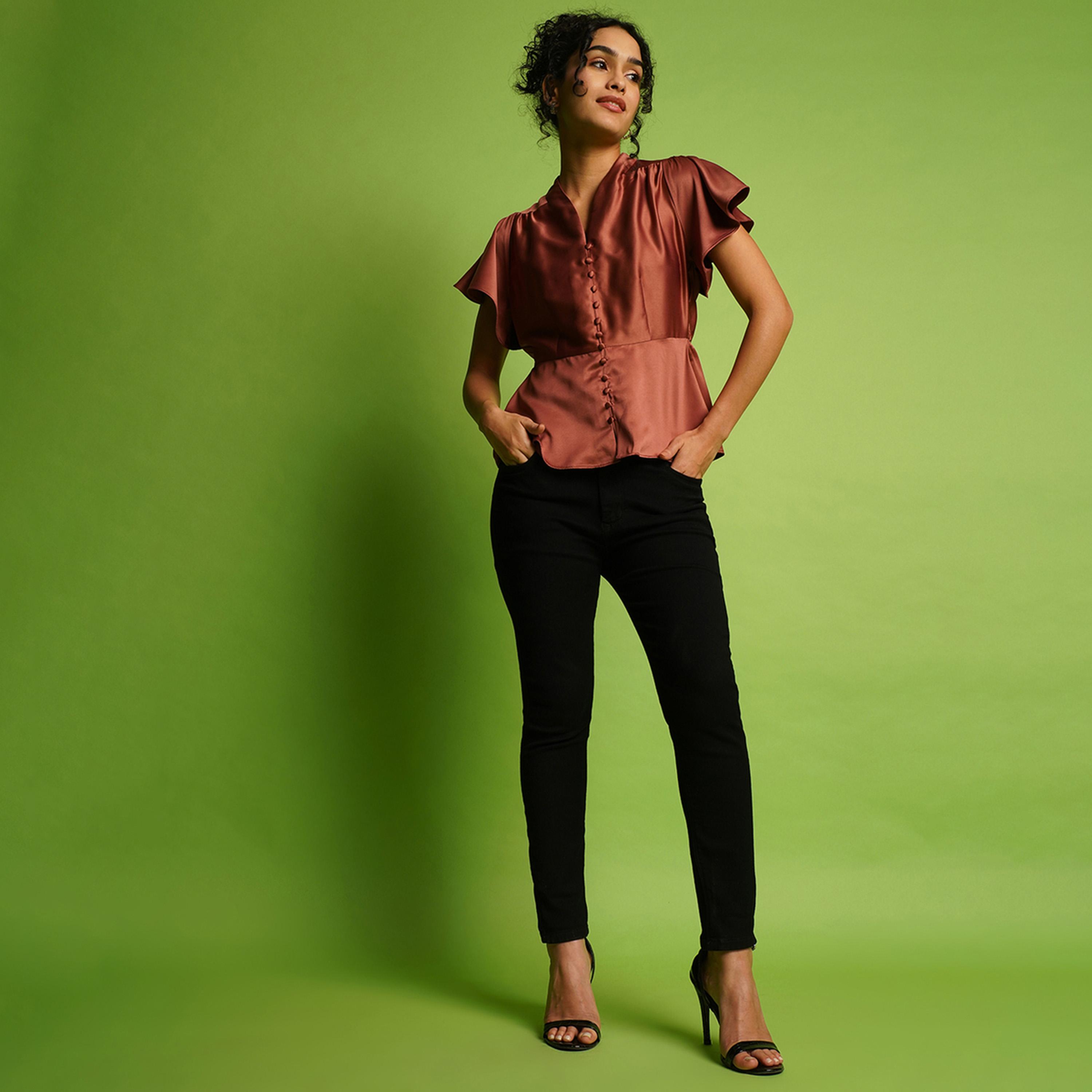 Globus X Styli Solid Satin V-Neck Flute Sleeve Buttoned Top-women-clothing-shirtsandblouses-blouses-image-5