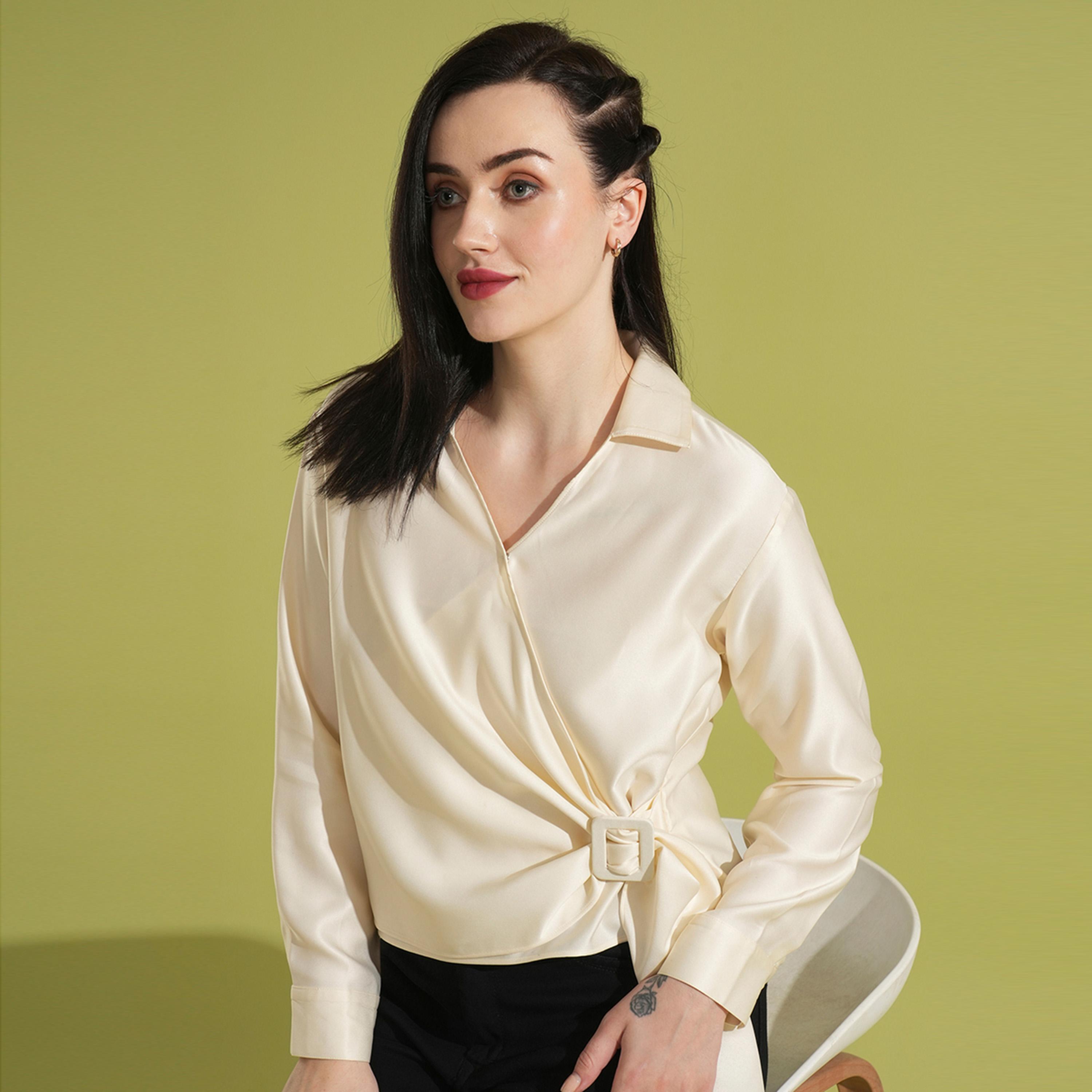 غلوبوس × ستايلي - قميص بقصّة عادية ومشبك ملتوي سادة-women-clothing-shirtsandblouses-shirts-image-1