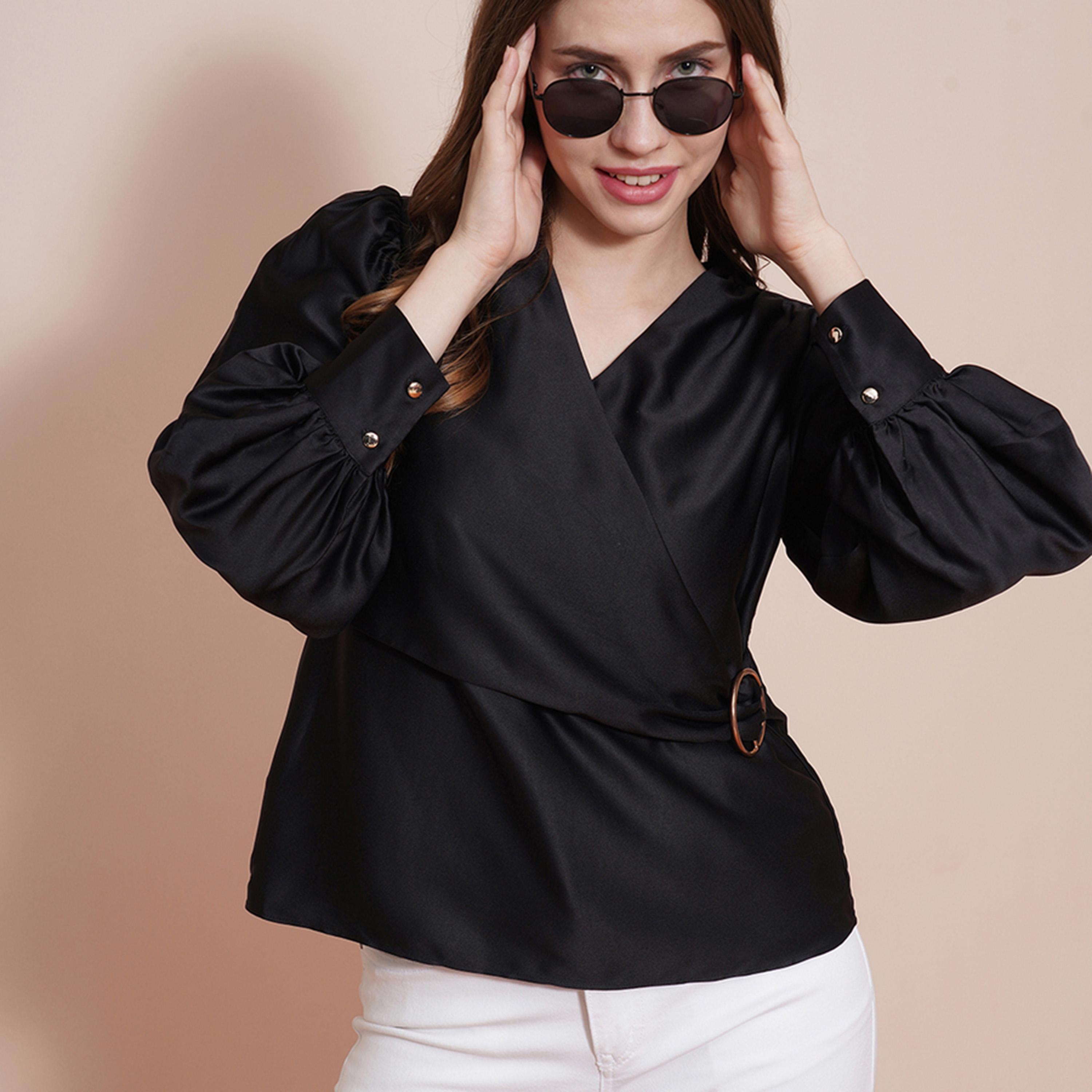Globus X Styli Solid Satin Balloon Sleeve V-Neck Wrap Top-women-clothing-shirtsandblouses-blouses-image-1