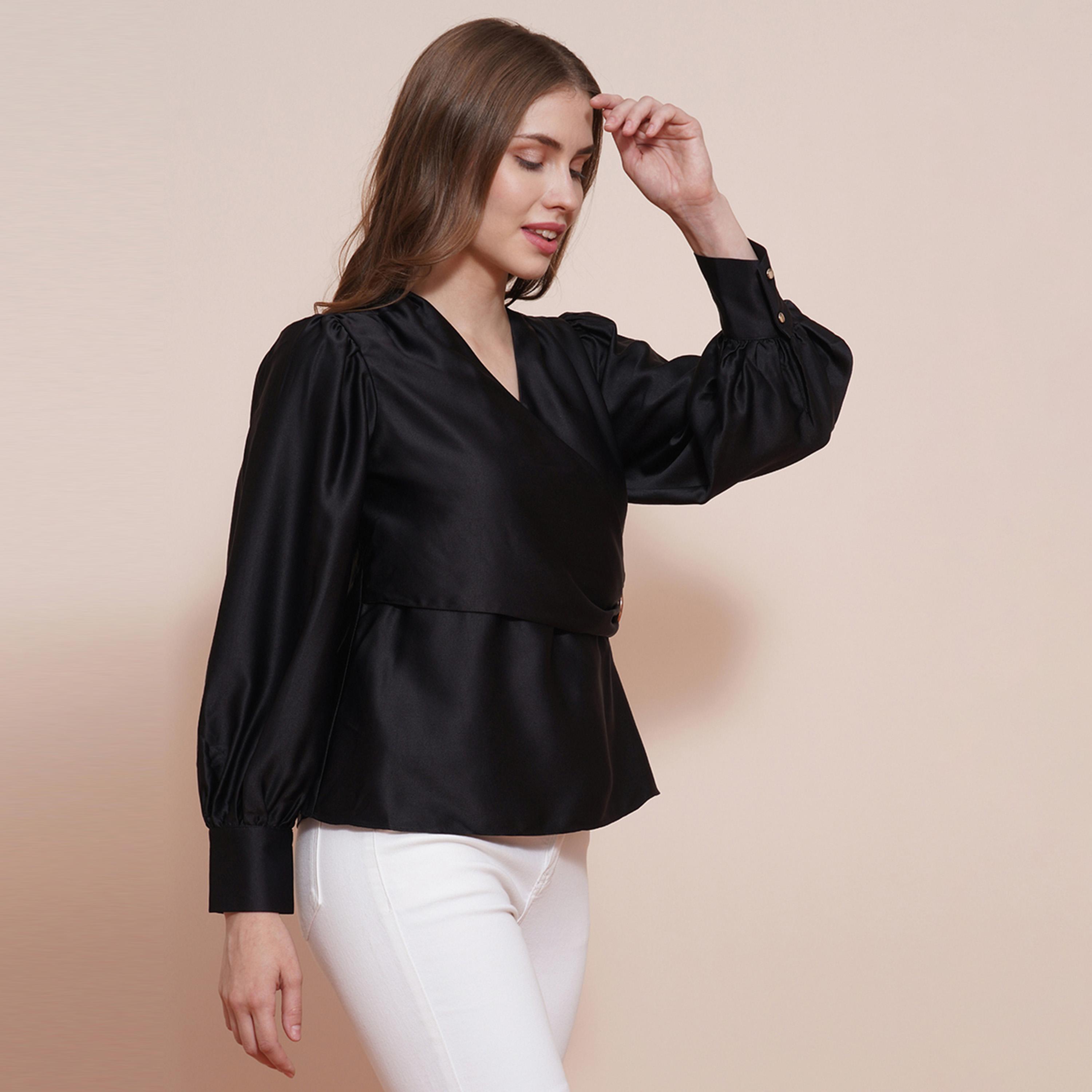 غلوبوس × ستايلي - بلوزة من الساتان سادة بأكمام منفوخة ورقبة على شكل V-women-clothing-shirtsandblouses-blouses-image-5