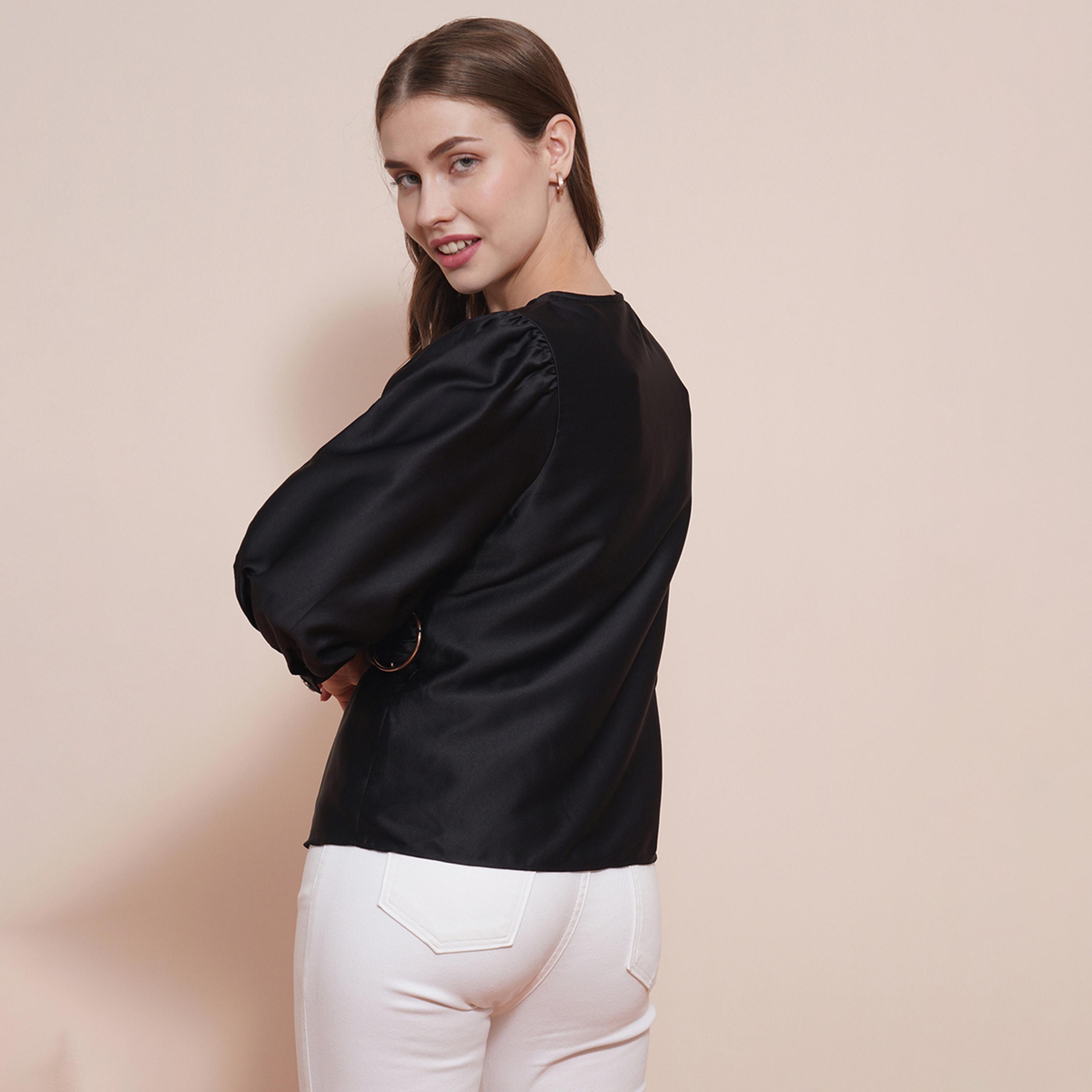 Globus X Styli Solid Satin Balloon Sleeve V-Neck Wrap Top-women-clothing-shirtsandblouses-blouses-image-3