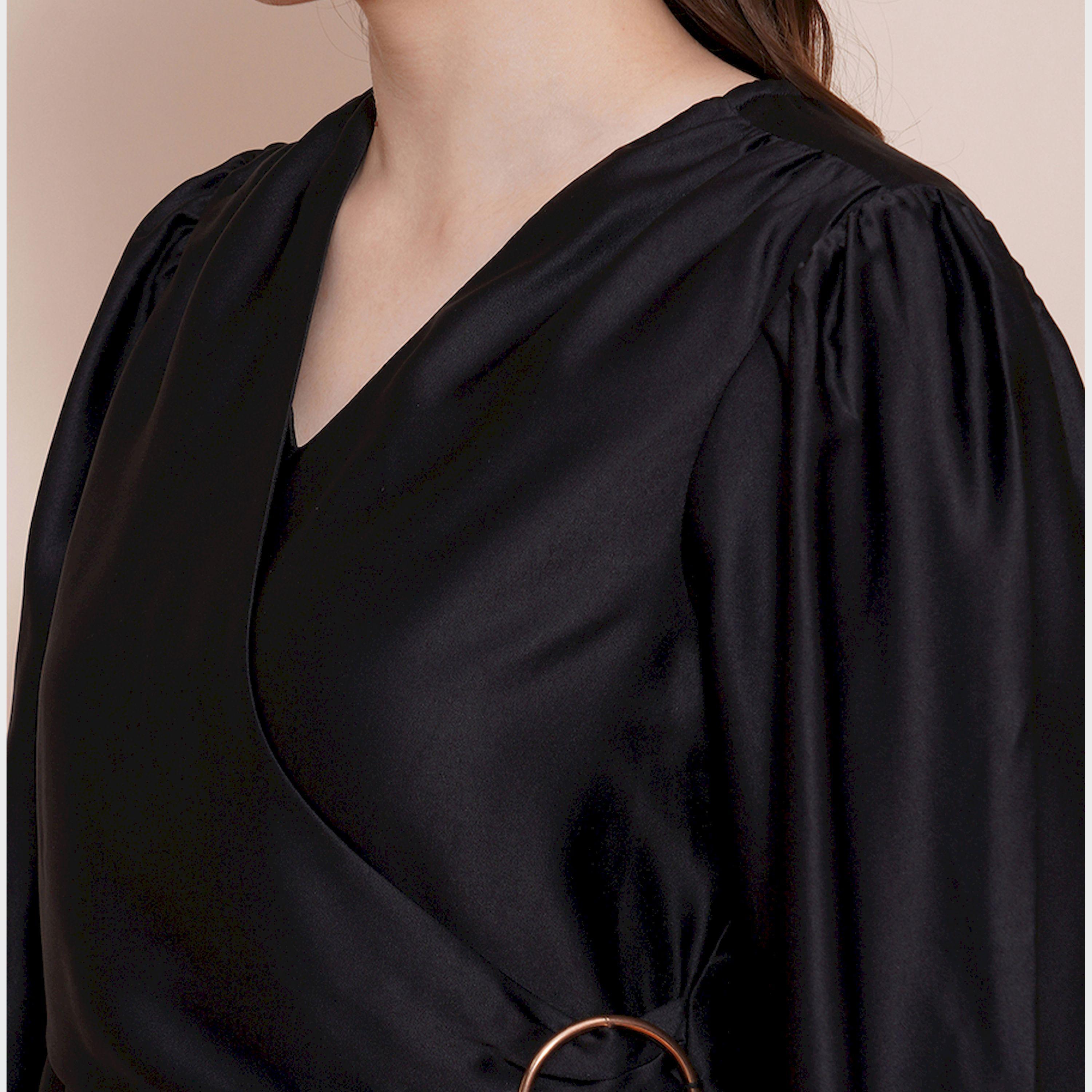 غلوبوس × ستايلي - بلوزة من الساتان سادة بأكمام منفوخة ورقبة على شكل V-women-clothing-shirtsandblouses-blouses-image-3