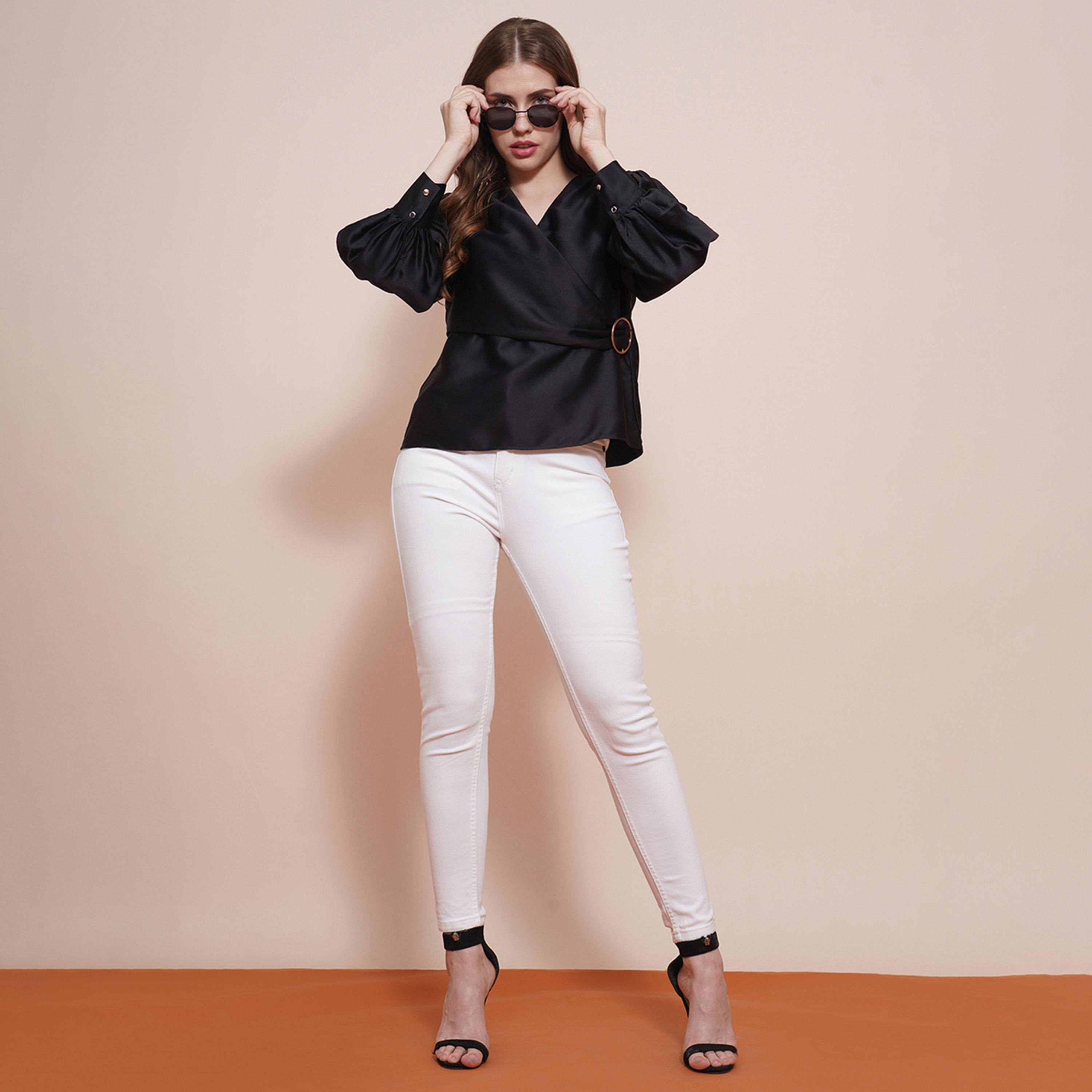 غلوبوس × ستايلي - بلوزة من الساتان سادة بأكمام منفوخة ورقبة على شكل V-women-clothing-shirtsandblouses-blouses-image-2