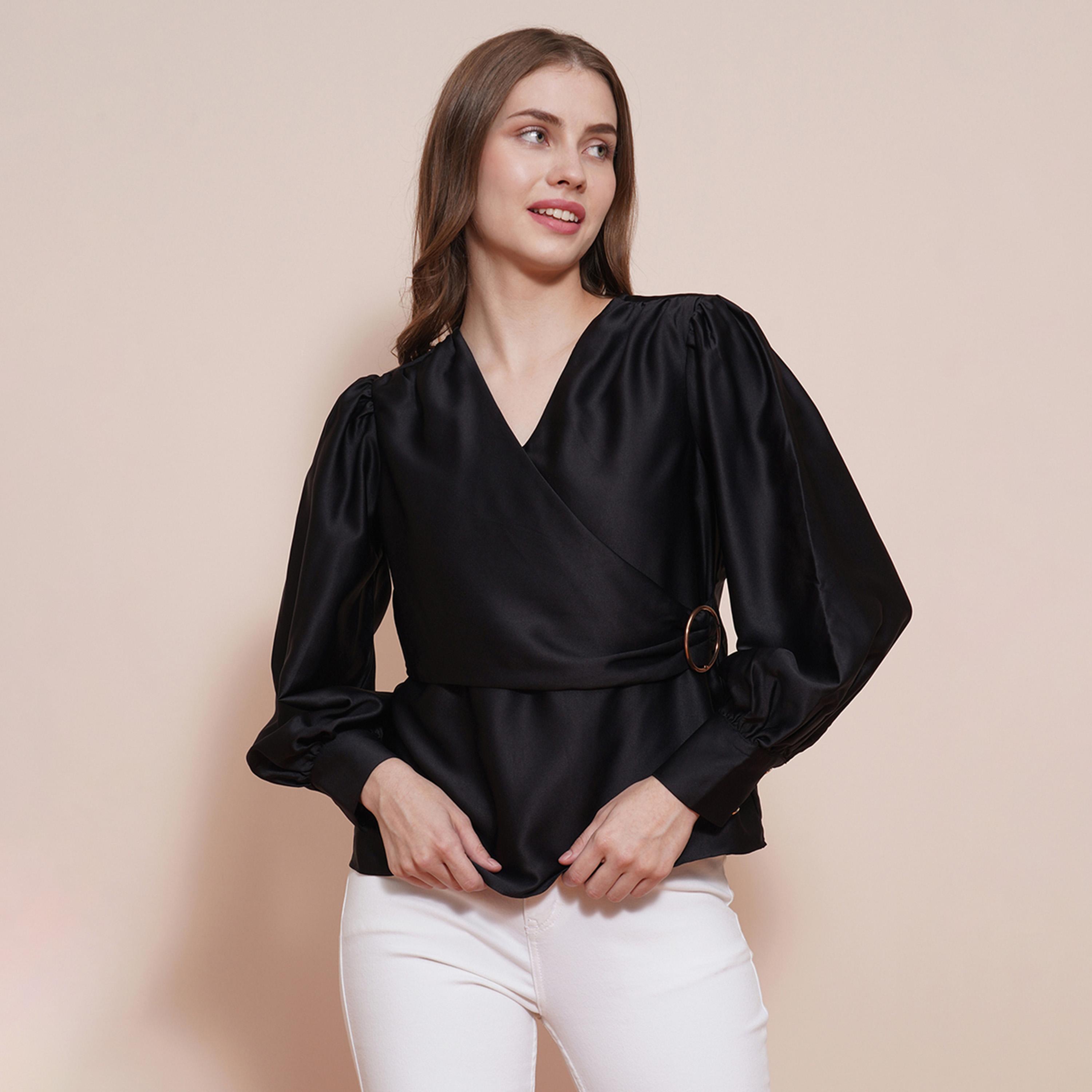 Globus X Styli Solid Satin Balloon Sleeve V-Neck Wrap Top-women-clothing-shirtsandblouses-blouses-image-6