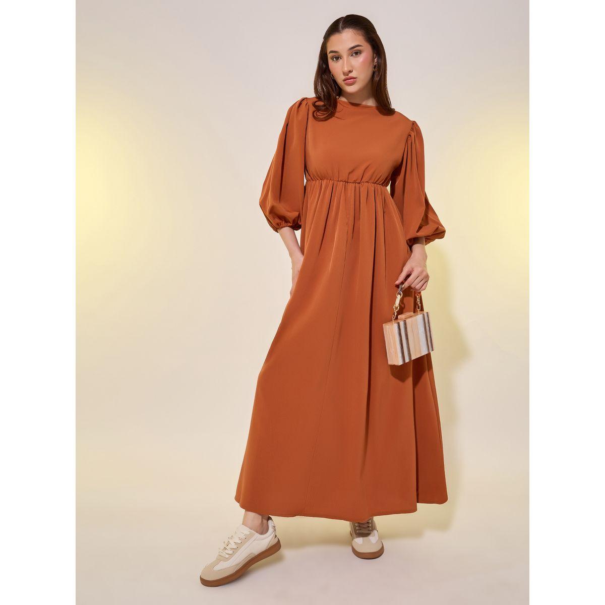 Styli Solid Balloon Sleeves Back Tie A-Line Midi Dress-women-clothing-dresses-image-1