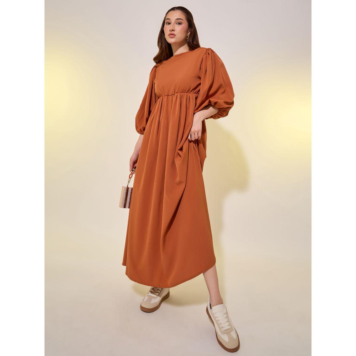 Styli Solid Balloon Sleeves Back Tie A-Line Midi Dress-women-clothing-dresses-image-2