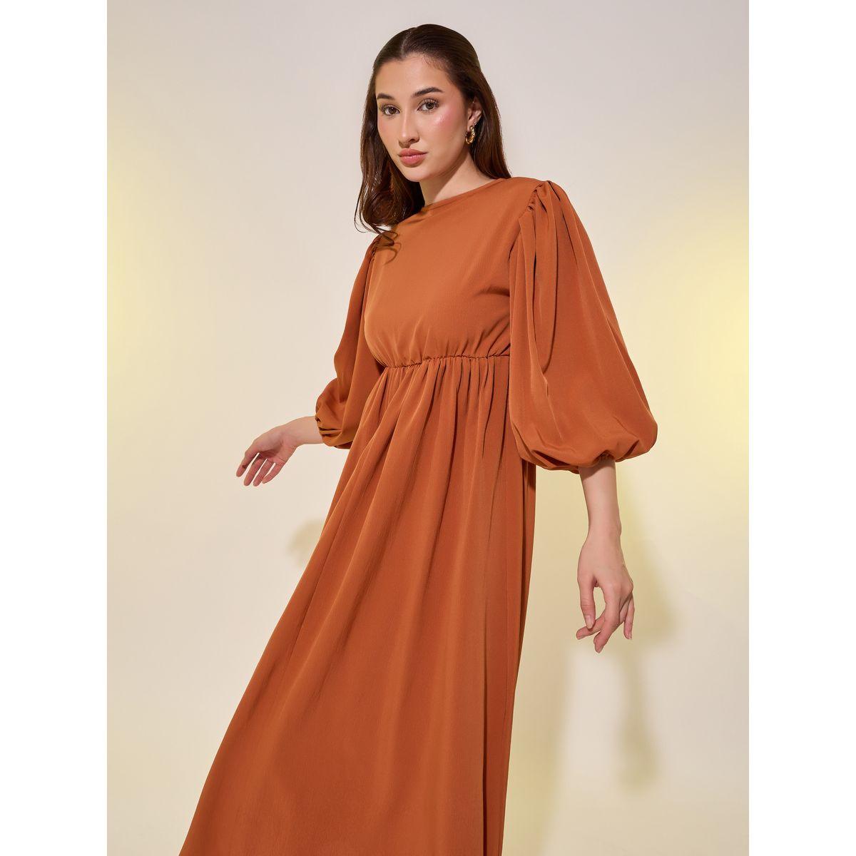 Styli Solid Balloon Sleeves Back Tie A-Line Midi Dress-women-clothing-dresses-image-3