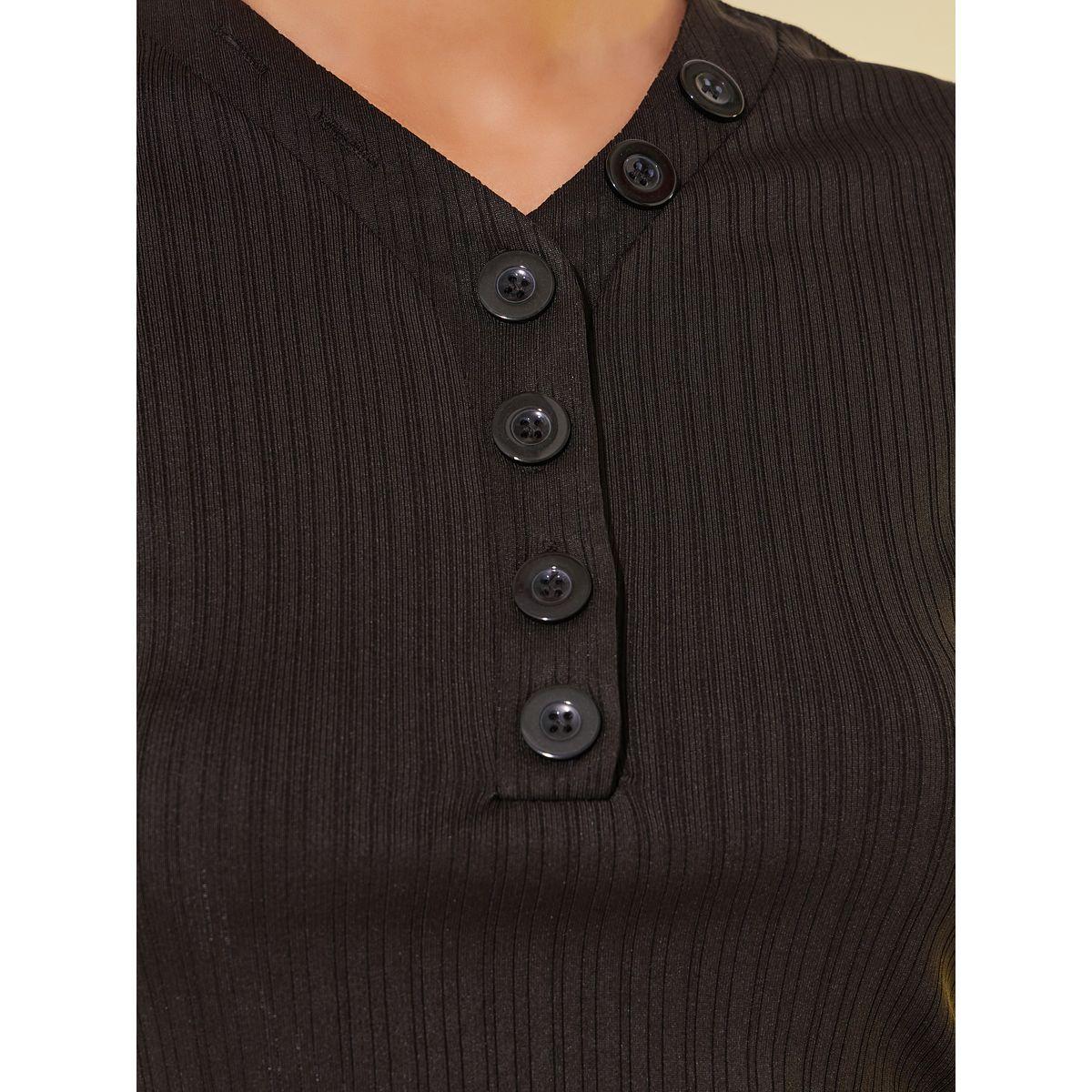 Styli Solid Textured V-Neck Buttoned Top-women-clothing-shirtsandblouses-blouses-image-3