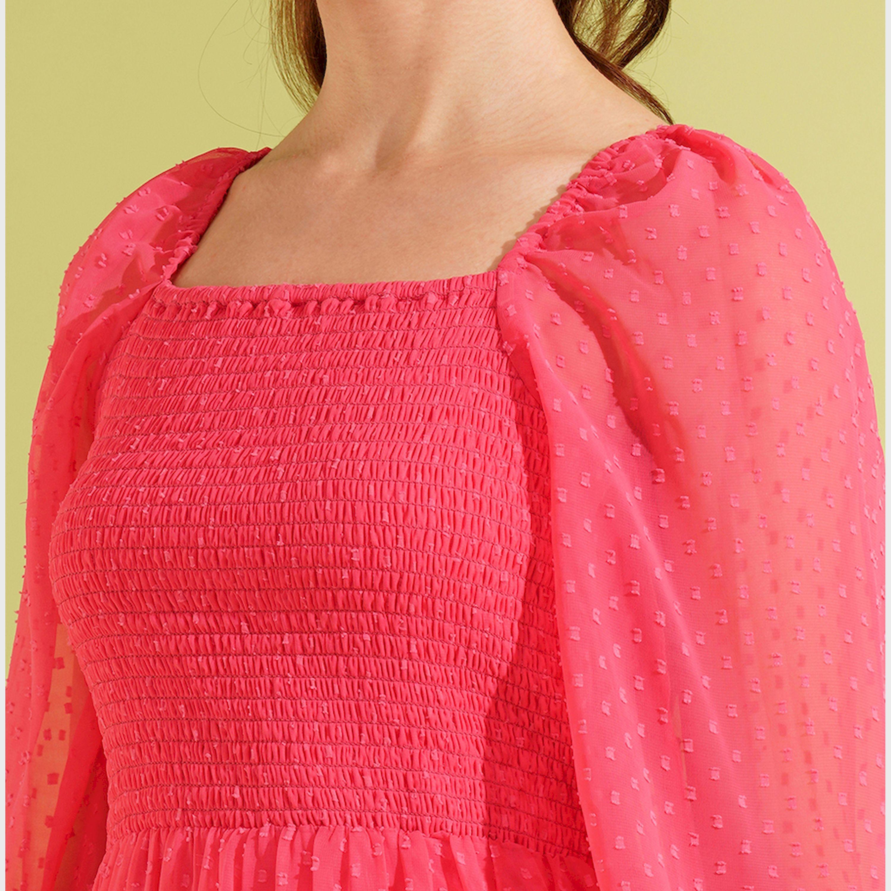 Globus X Styli Globus Women Pink Self-Design Squared Neck Bishop Sleeves Smocked Georgette Fit And Flared Tiered Maxi Dress-women-clothing-dresses-image-4