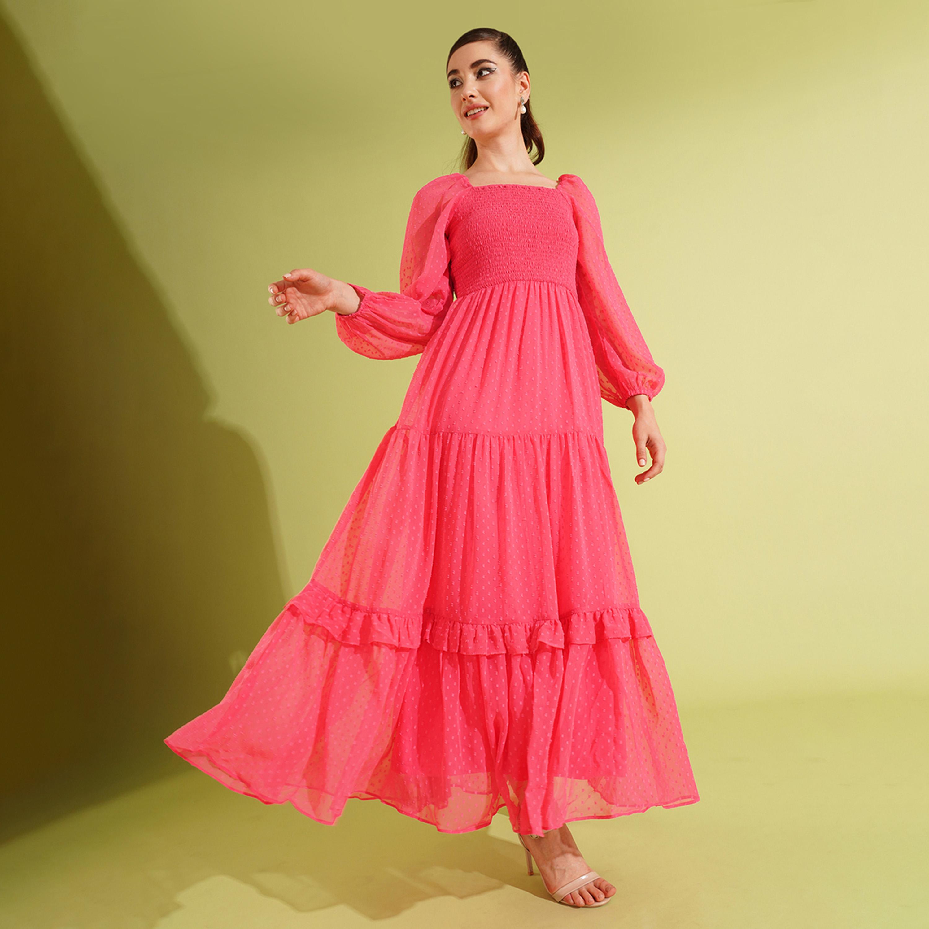 Globus X Styli Globus Women Pink Self-Design Squared Neck Bishop Sleeves Smocked Georgette Fit And Flared Tiered Maxi Dress-women-clothing-dresses-image-5