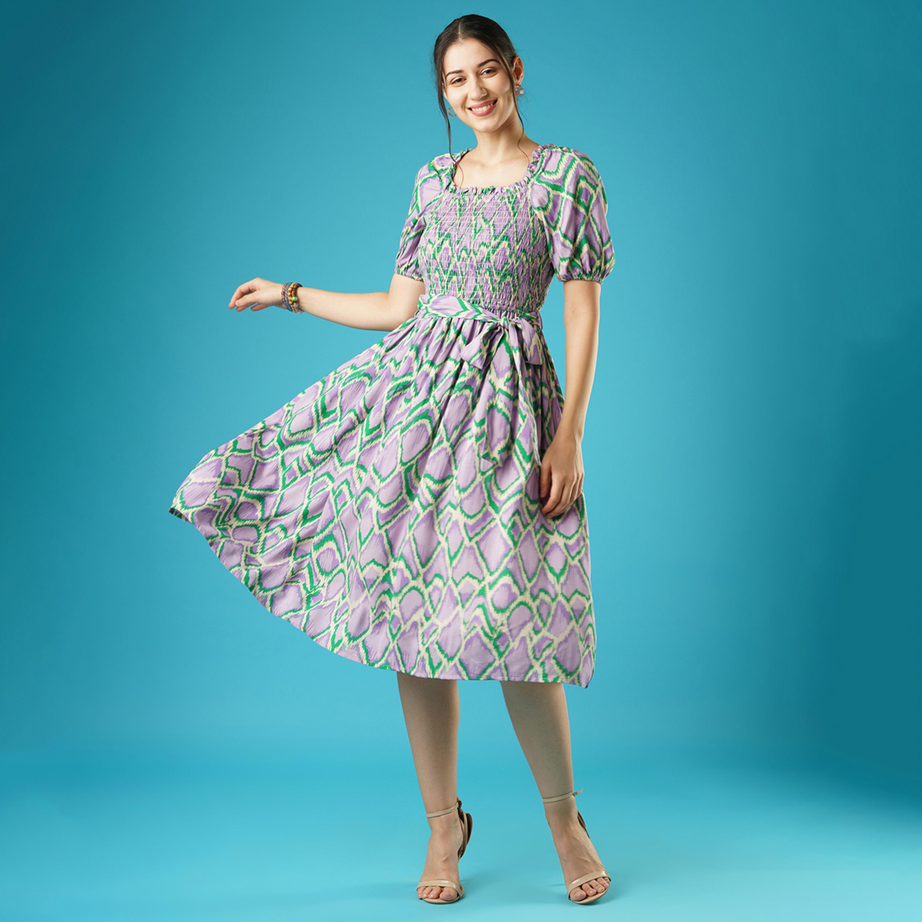 Globus X Styli Globus Women Lavender Abstract Print Puff Sleeves Smocked Pleated Fit And Flare Midi Dress With Belt-women-clothing-dresses-image-1