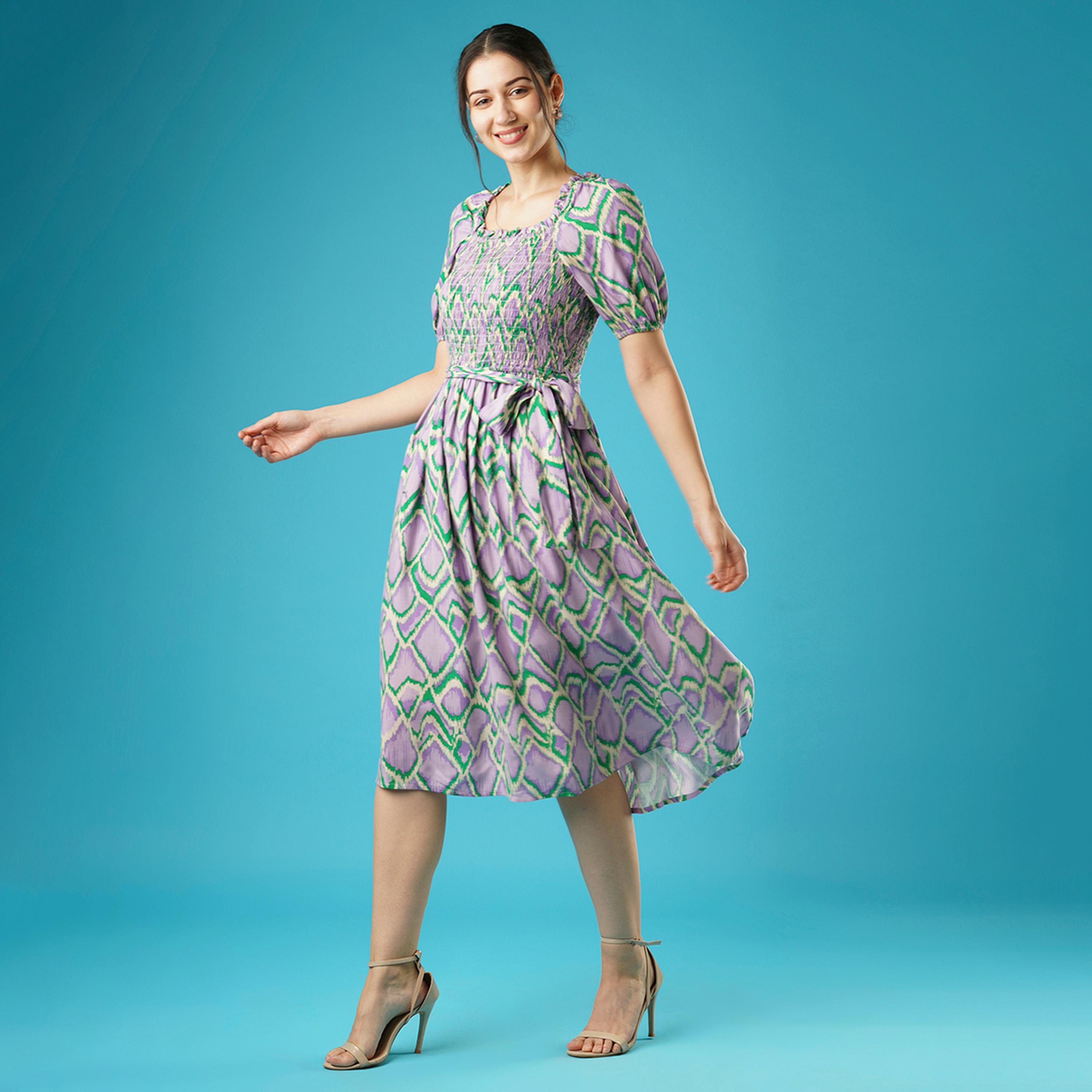 Globus X Styli Globus Women Lavender Abstract Print Puff Sleeves Smocked Pleated Fit And Flare Midi Dress With Belt-women-clothing-dresses-image-2