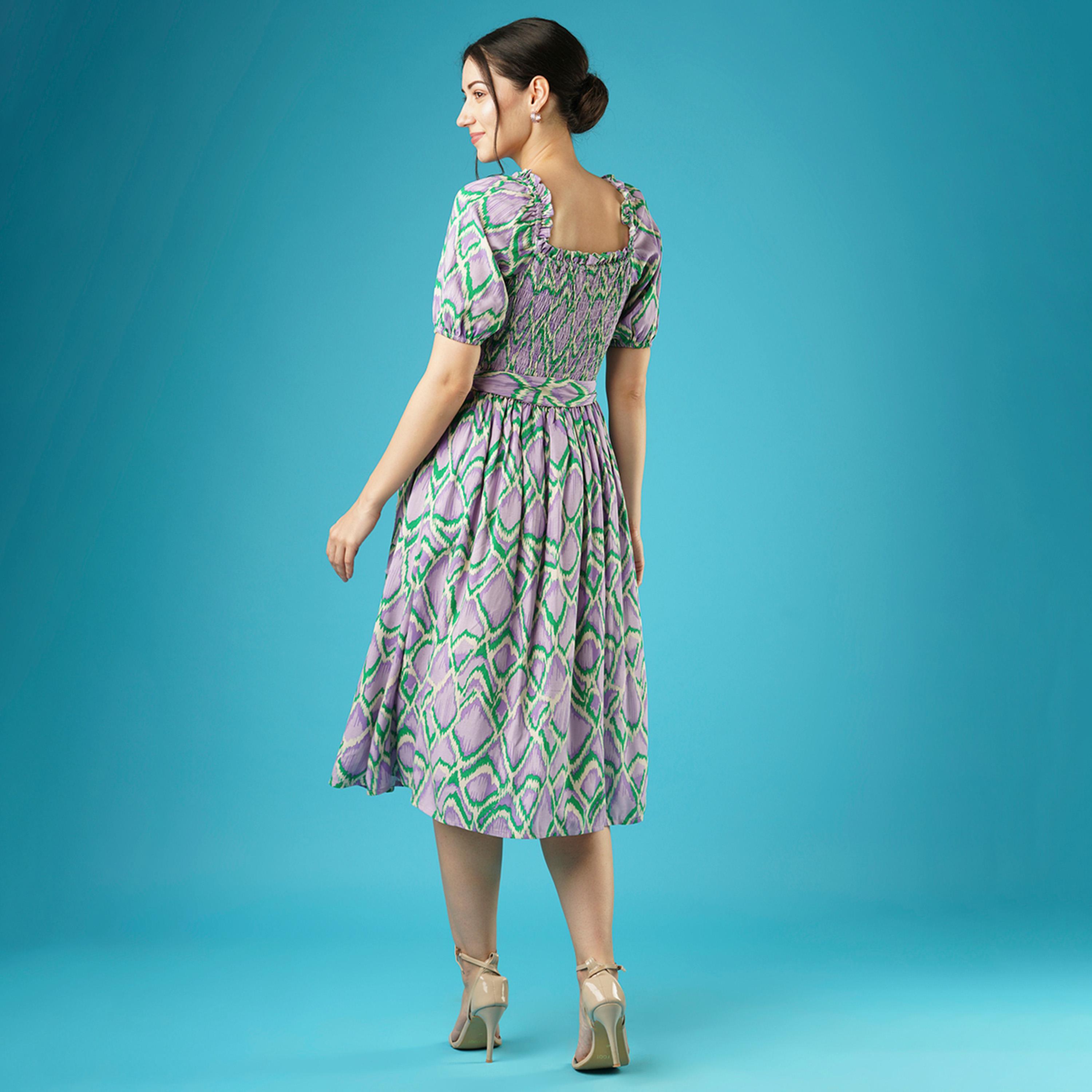 Globus X Styli Globus Women Lavender Abstract Print Puff Sleeves Smocked Pleated Fit And Flare Midi Dress With Belt-women-clothing-dresses-image-3