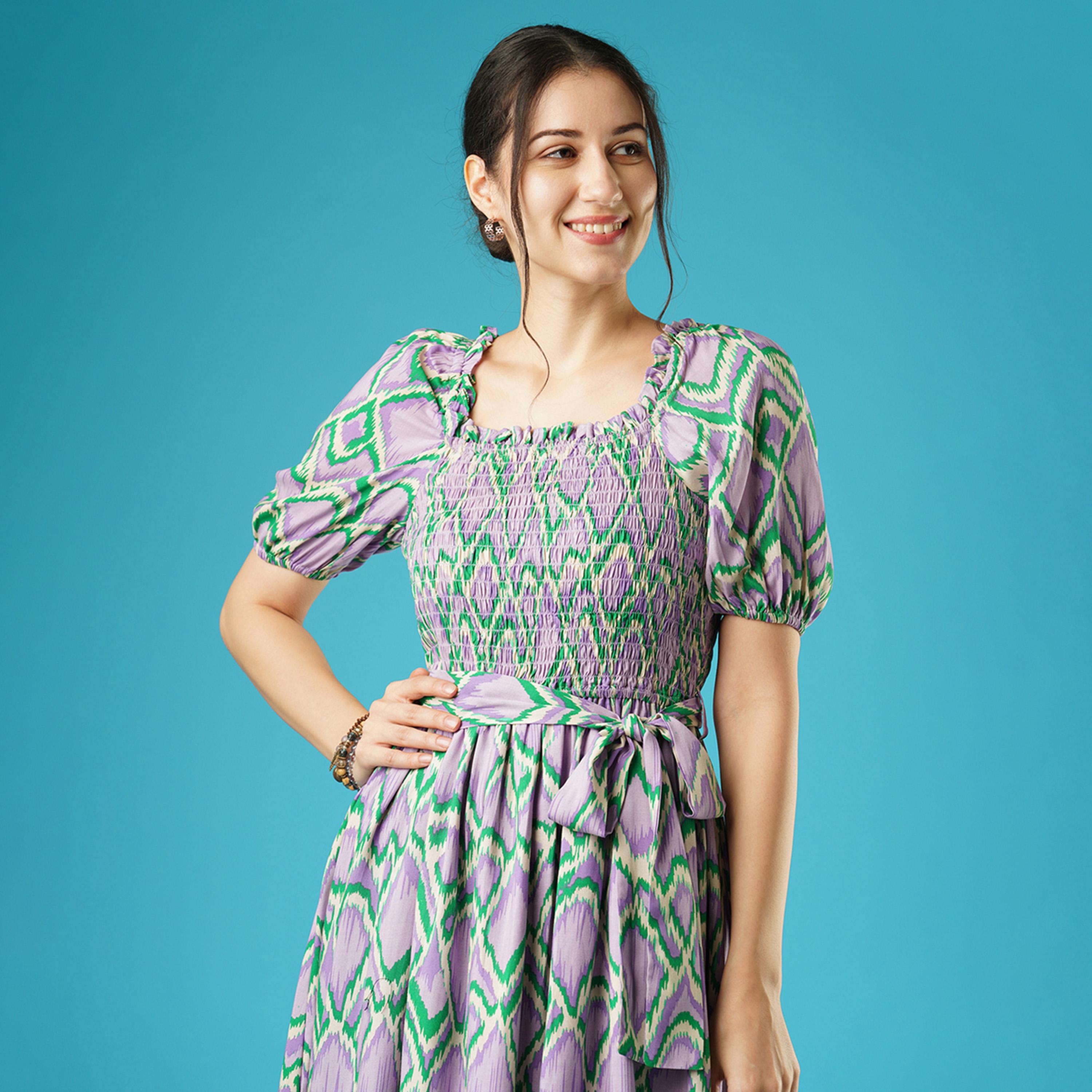 Globus X Styli Globus Women Lavender Abstract Print Puff Sleeves Smocked Pleated Fit And Flare Midi Dress With Belt-women-clothing-dresses-image-5