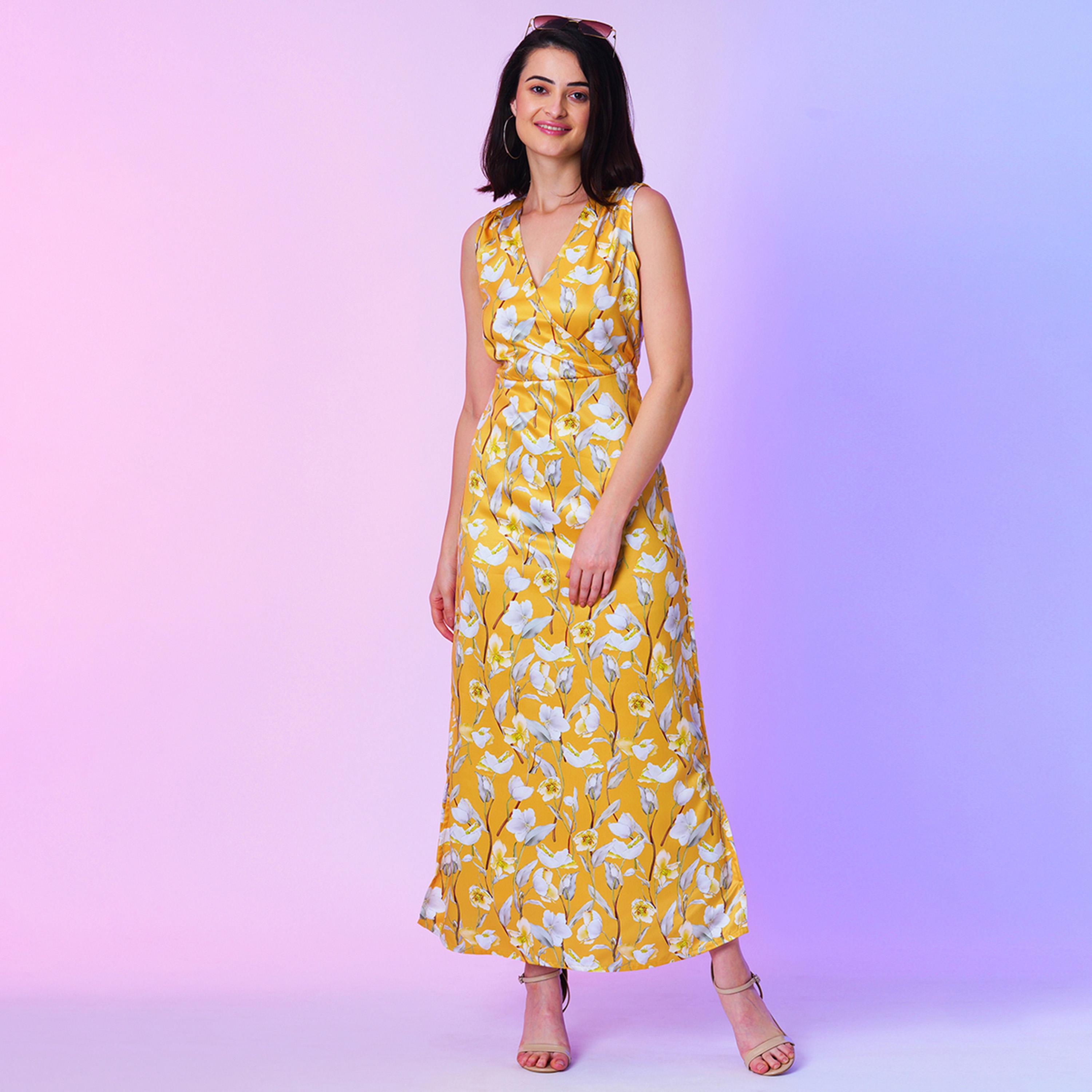 غلوبوس × ستايلي - فستان نسائي غلوبوس بقصة A ملفوف من الأمام - أصفر مورد-women-clothing-dresses-image-1