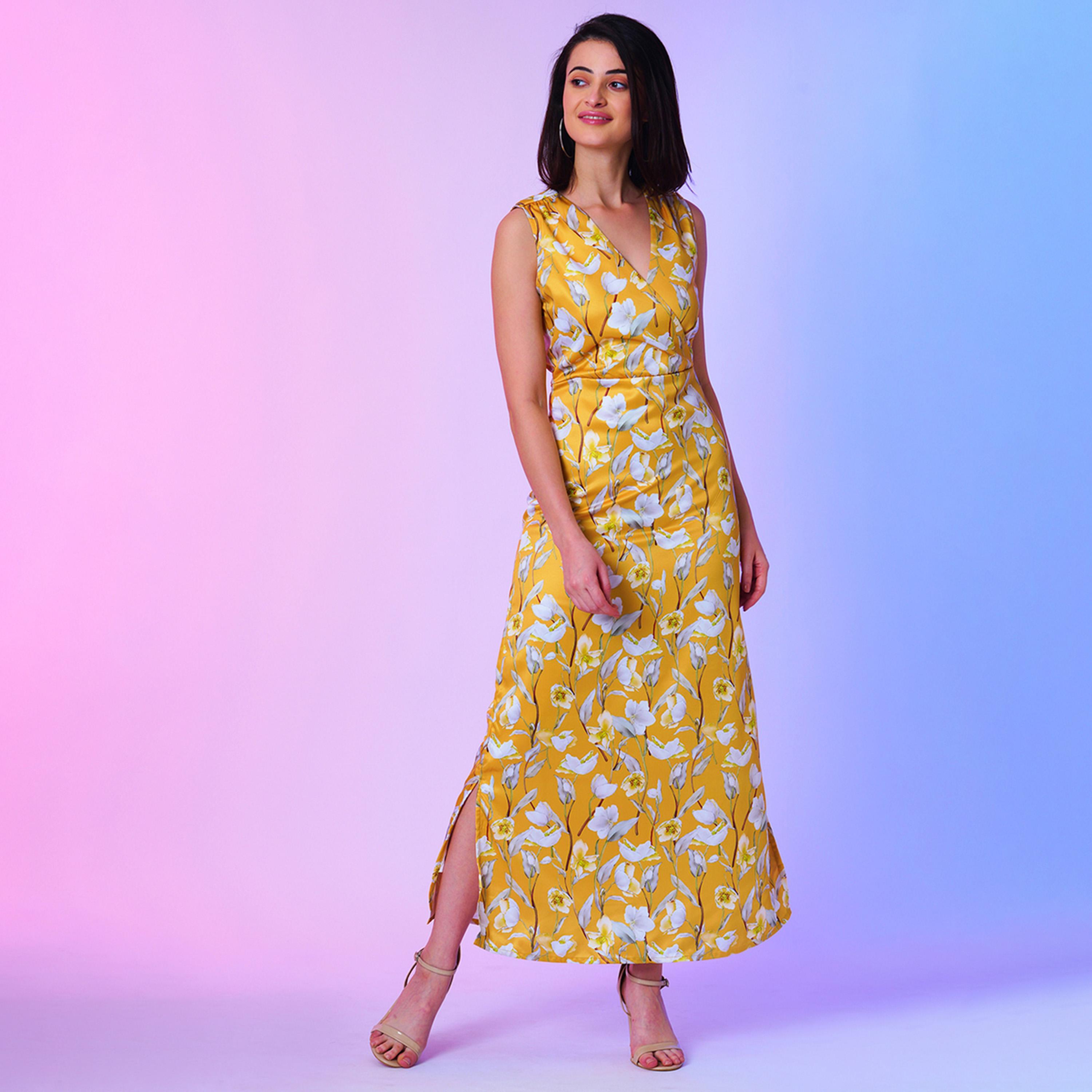 غلوبوس × ستايلي - فستان نسائي غلوبوس بقصة A ملفوف من الأمام - أصفر مورد-women-clothing-dresses-image-2