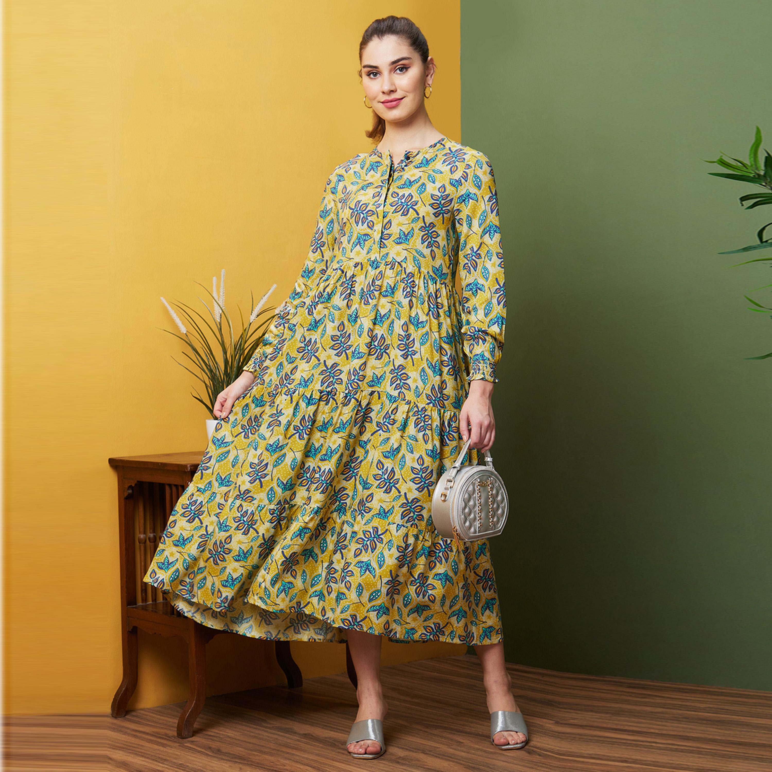 غلوبوس × ستايلي - فستان نسائي غلوبوس ميدي أصفر بقصّة واسعة وطبعات استوائية-women-clothing-dresses-image-1