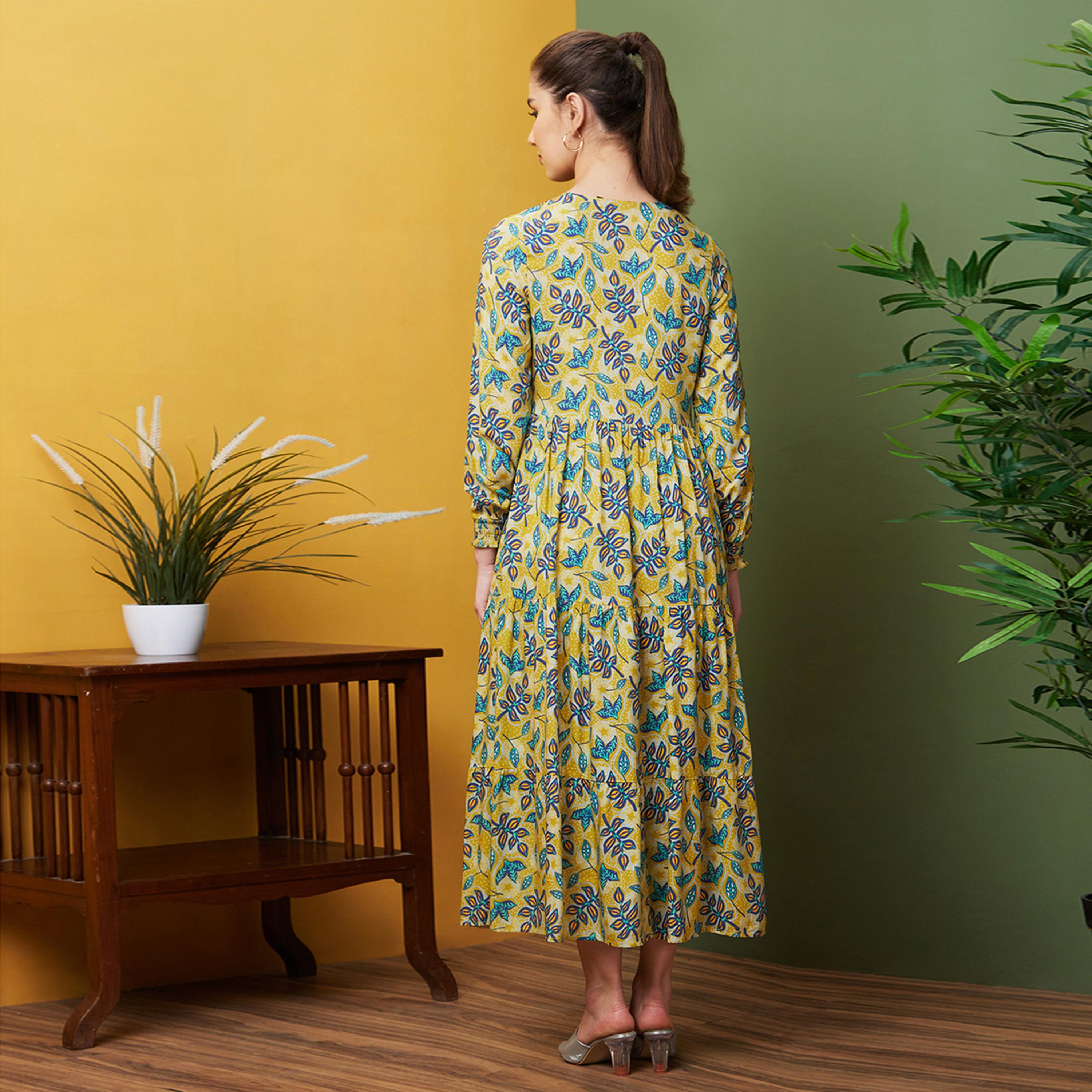غلوبوس × ستايلي - فستان نسائي غلوبوس ميدي أصفر بقصّة واسعة وطبعات استوائية-women-clothing-dresses-image-3
