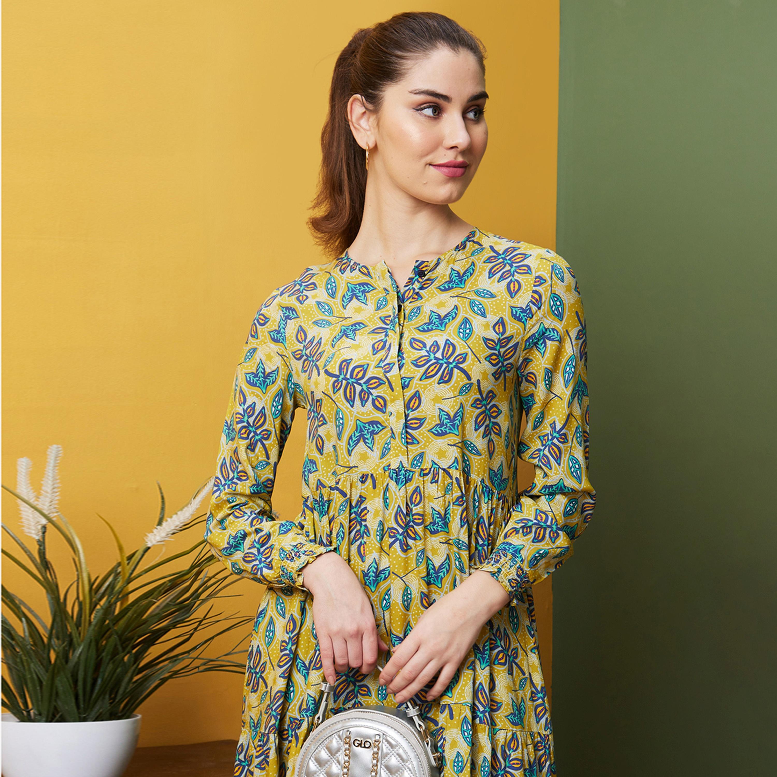 غلوبوس × ستايلي - فستان نسائي غلوبوس ميدي أصفر بقصّة واسعة وطبعات استوائية-women-clothing-dresses-image-5