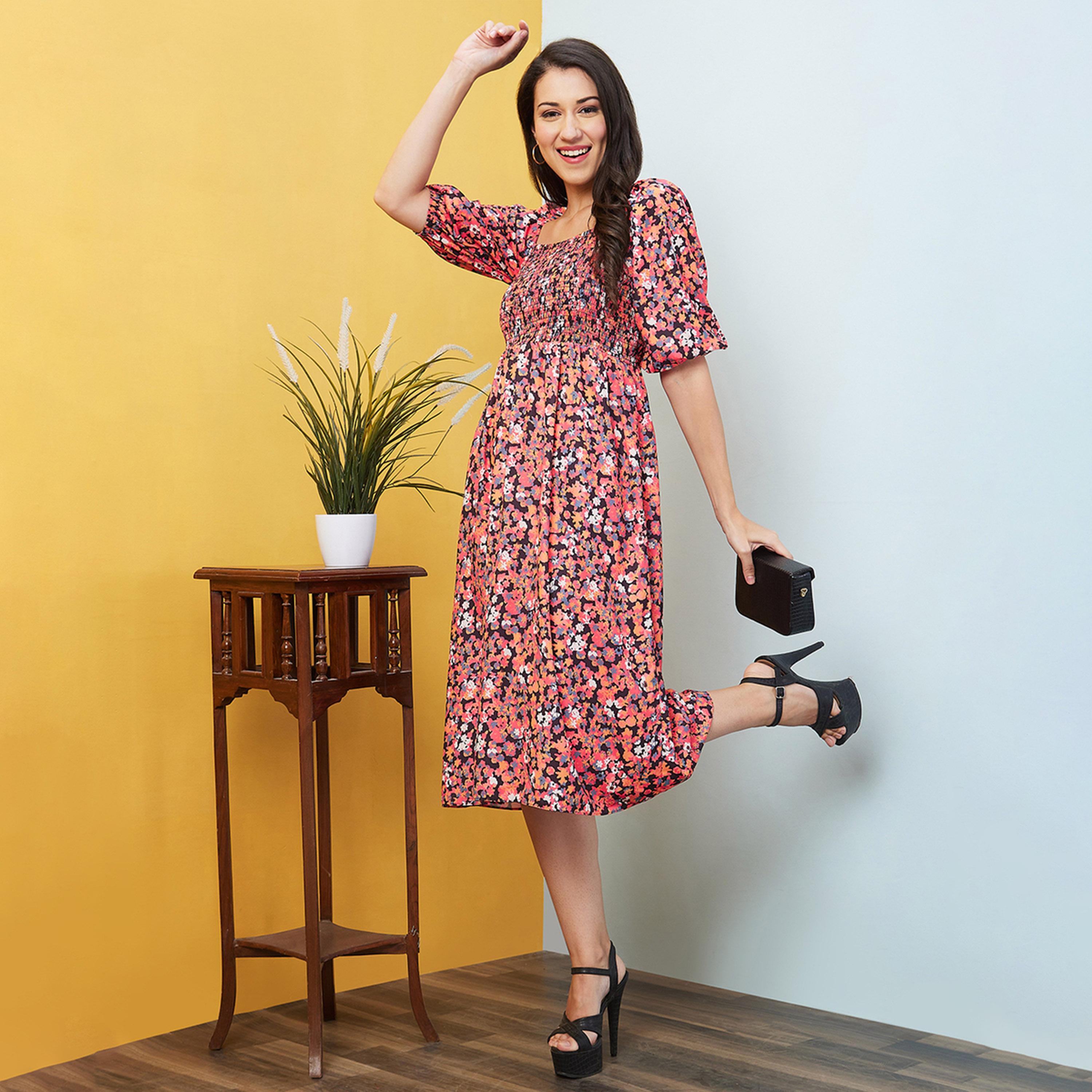 Globus X Styli All-Over Floral Print Puff Sleeves Square Neck A-Line Midi Dress-women-clothing-dresses-image-1