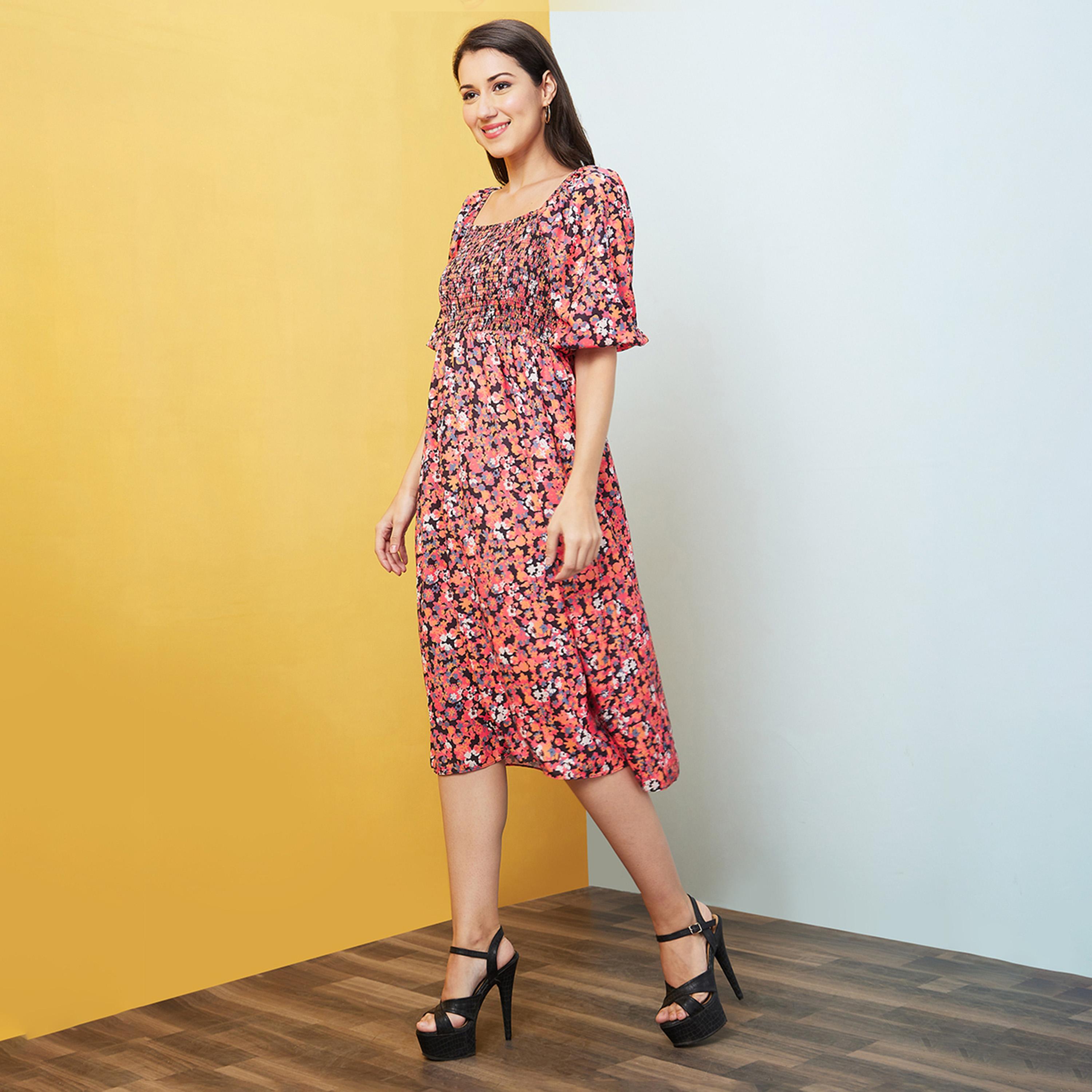 Globus X Styli All-Over Floral Print Puff Sleeves Square Neck A-Line Midi Dress-women-clothing-dresses-image-2