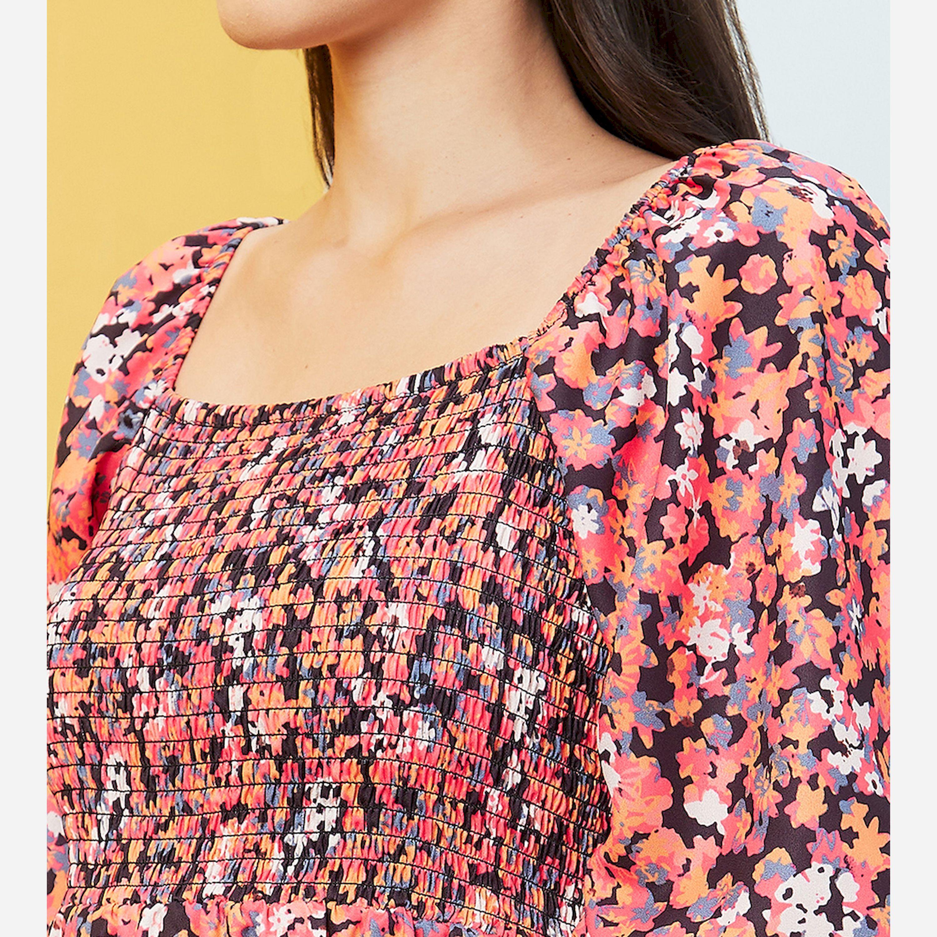 Globus X Styli All-Over Floral Print Puff Sleeves Square Neck A-Line Midi Dress-women-clothing-dresses-image-4
