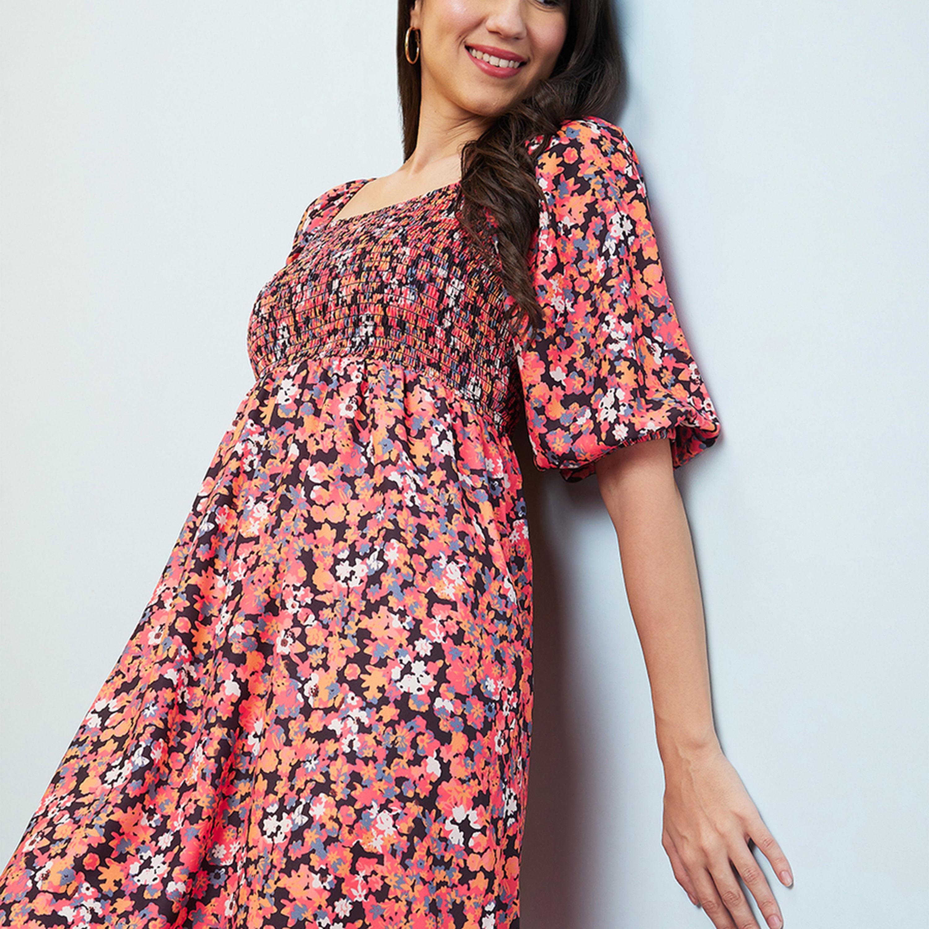 Globus X Styli All-Over Floral Print Puff Sleeves Square Neck A-Line Midi Dress-women-clothing-dresses-image-5