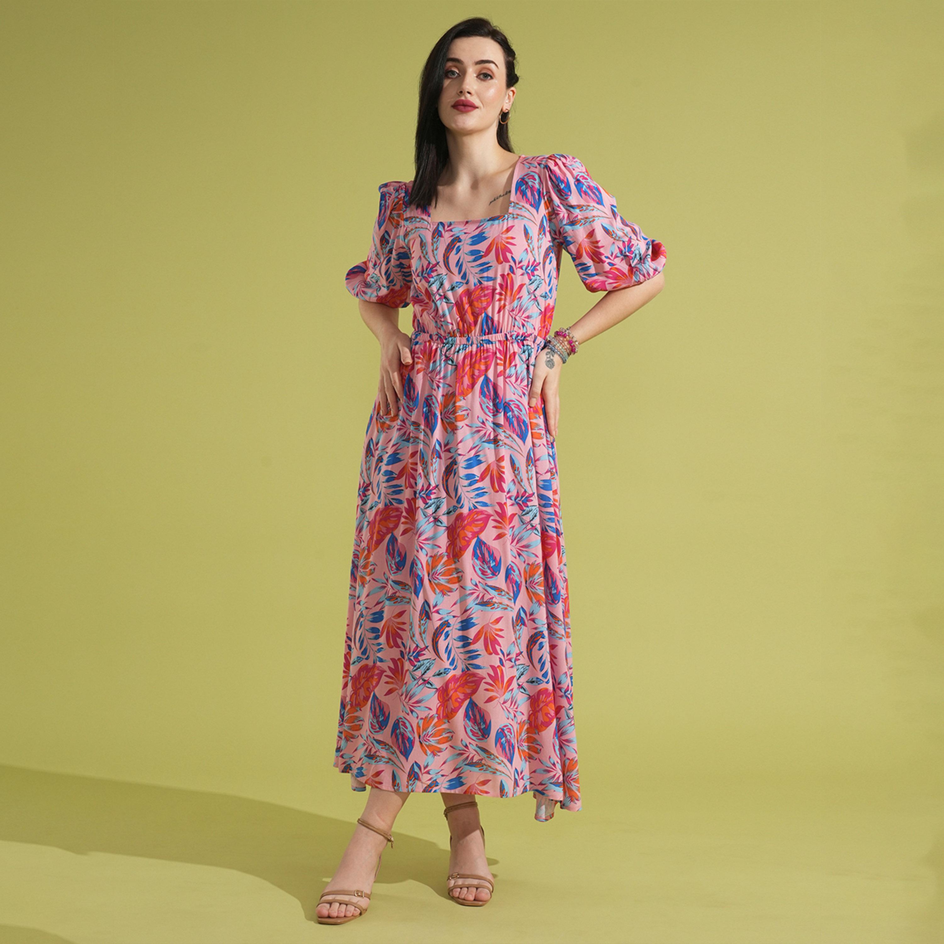 Globus X Styli All-Over Print Square Neck Puff Sleeves A-Line Maxi Dress-women-clothing-dresses-image-1