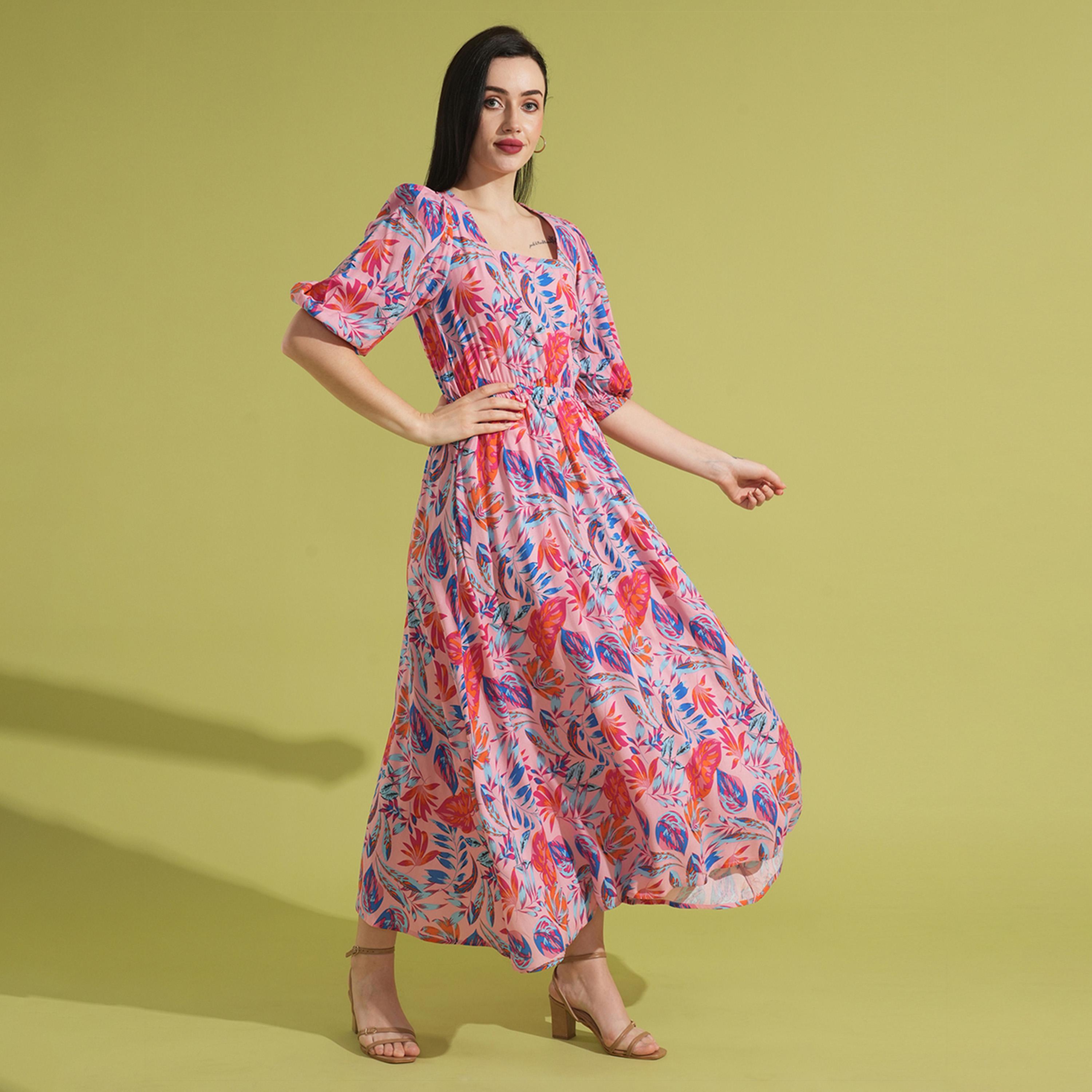 Globus X Styli All-Over Print Square Neck Puff Sleeves A-Line Maxi Dress-women-clothing-dresses-image-2