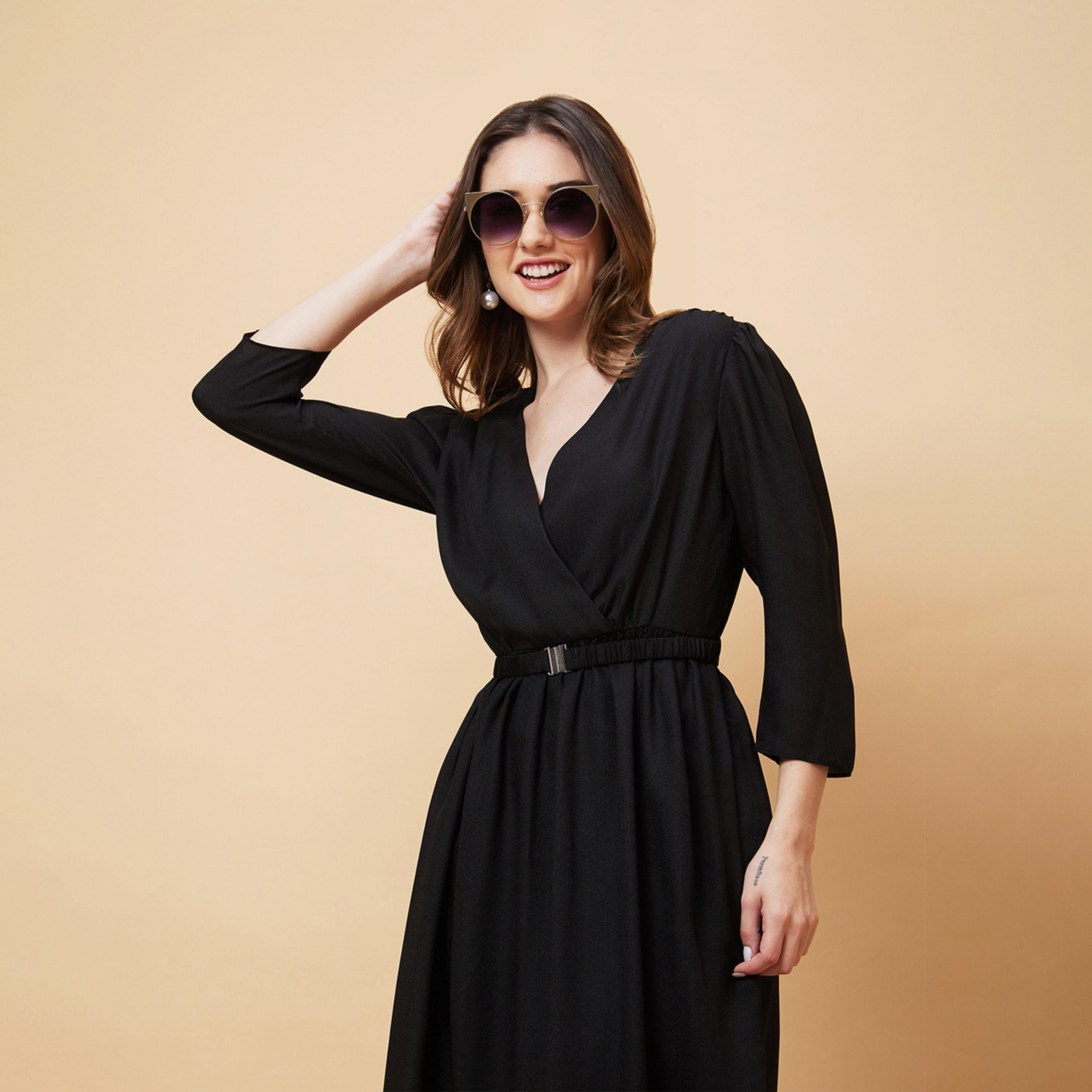 غلوبوس × ستايلي - فستان نسائي أسود سادة بتصميم حرف A غلوبوس-women-clothing-dresses-image-1