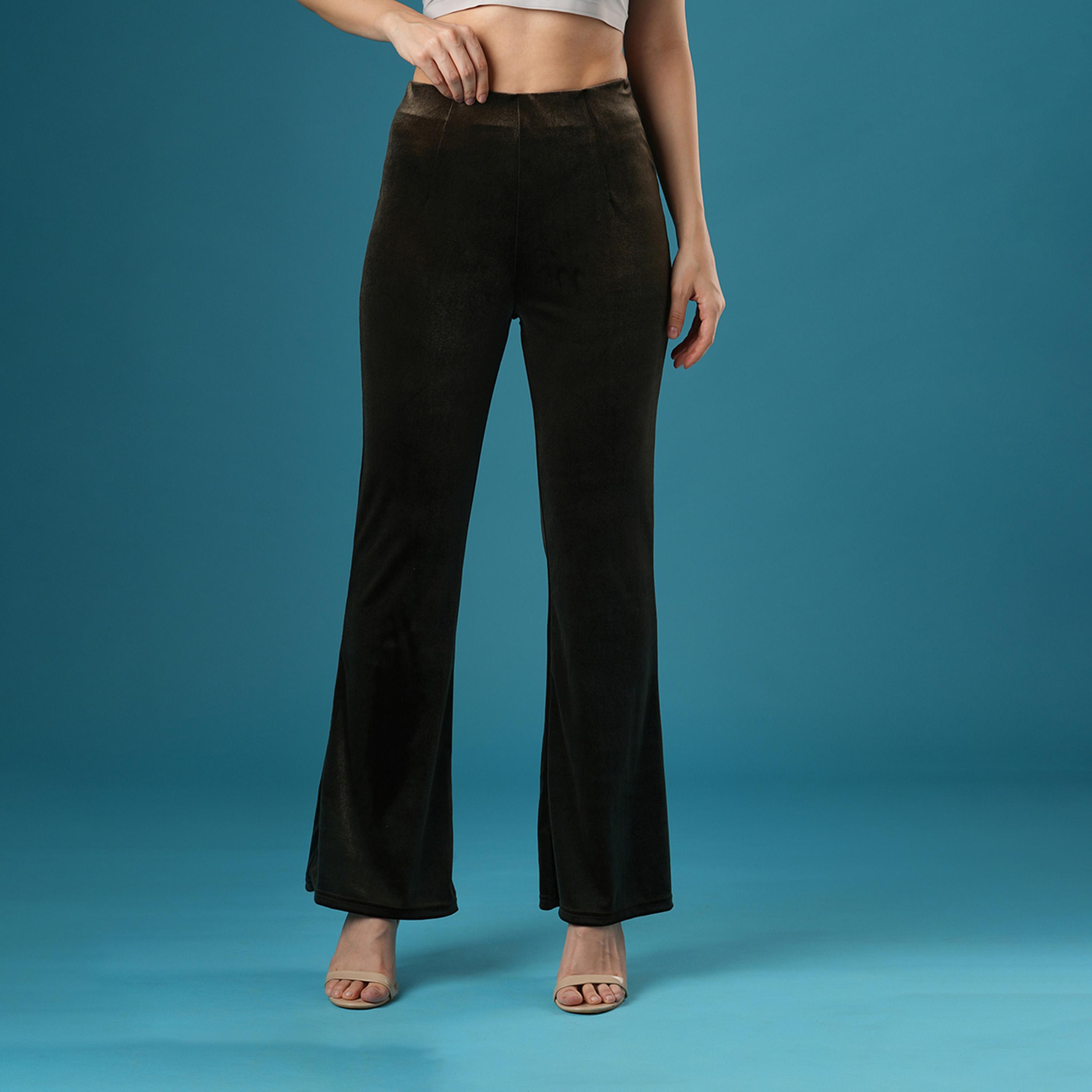 Globus X Styli Velvet Look High Rise Stretchy Slim Fit Flared Treggings-women-clothing-bottoms-leggings-image-1