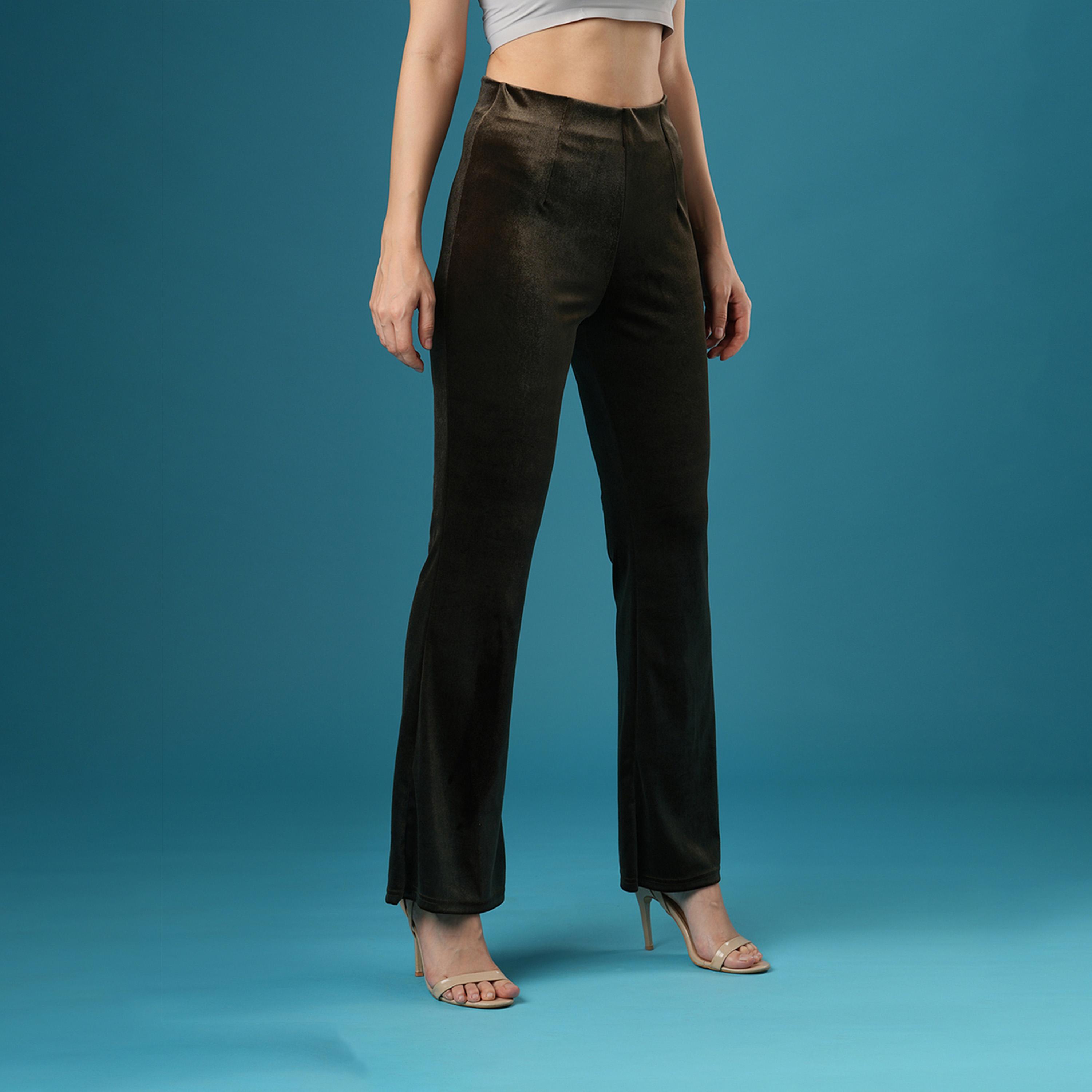 Globus X Styli Velvet Look High Rise Stretchy Slim Fit Flared Treggings-women-clothing-bottoms-leggings-image-2