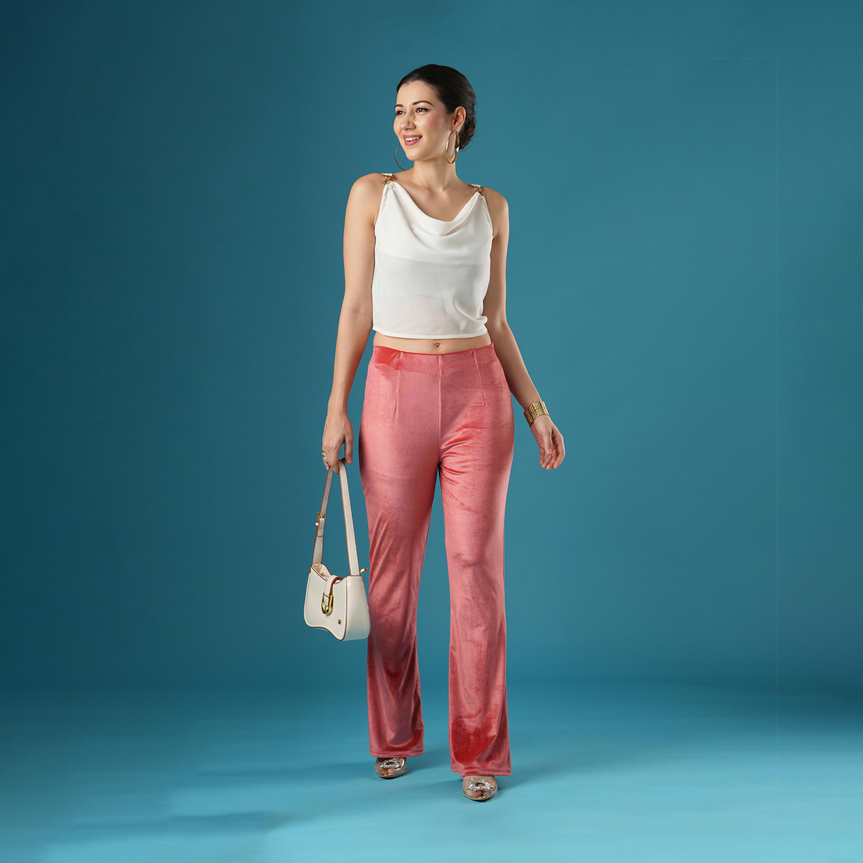Globus X Styli Velvet Look Mid Rise Slim Fit Flared Treggings-women-clothing-bottoms-leggings-image-6