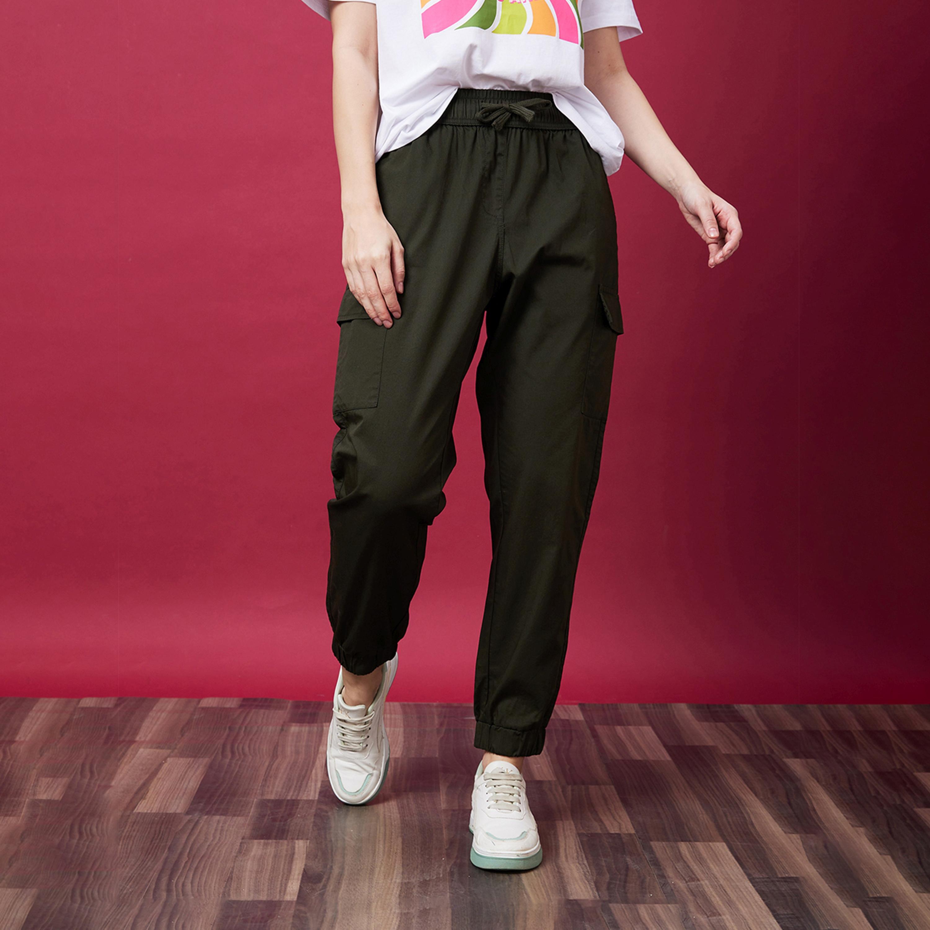 Globus X Styli Solid Mid-Rise Elasticated Waist Cargo Joggers With Drawstring-women-clothing-bottoms-joggers-image-1