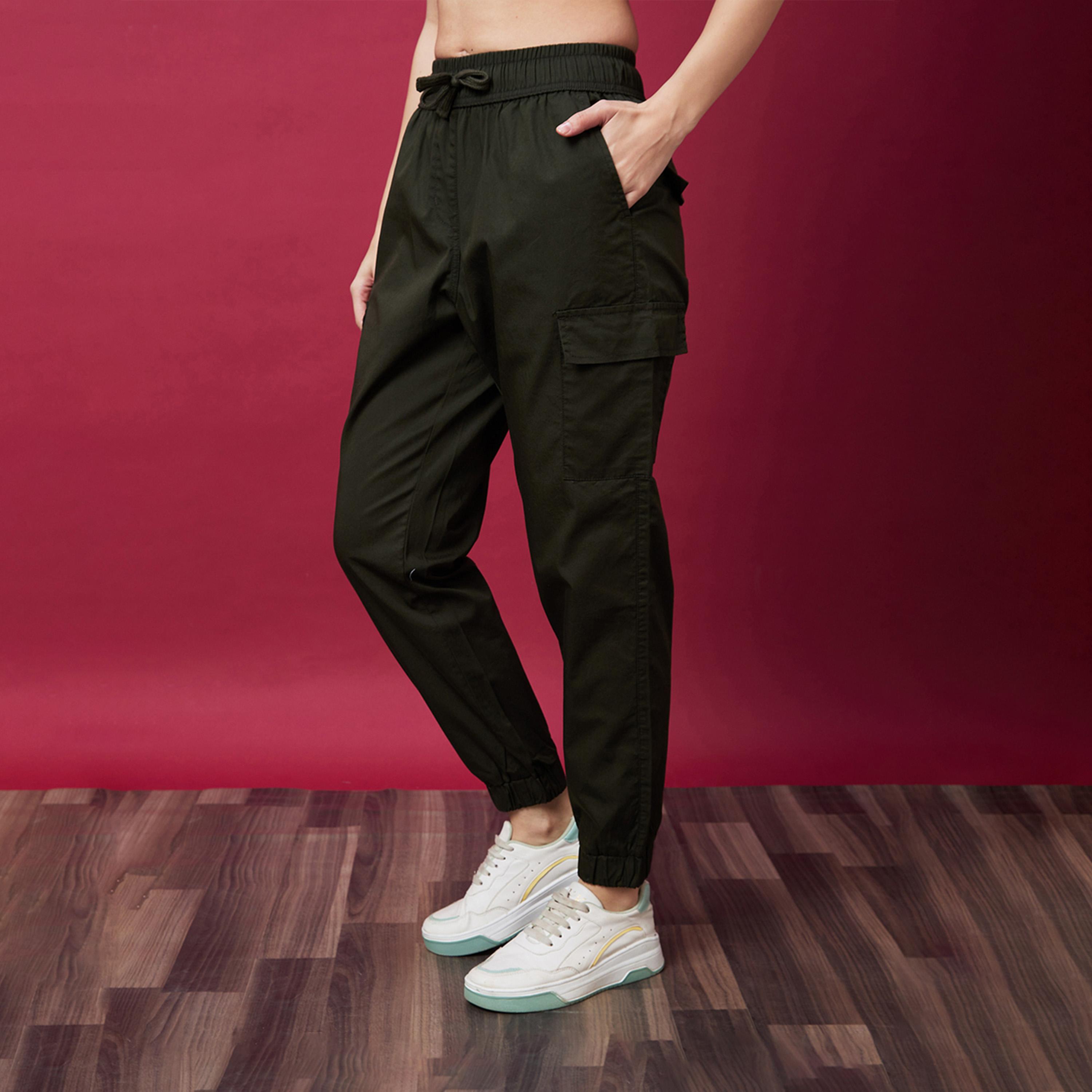 Globus X Styli Solid Mid-Rise Elasticated Waist Cargo Joggers With Drawstring-women-clothing-bottoms-joggers-image-2