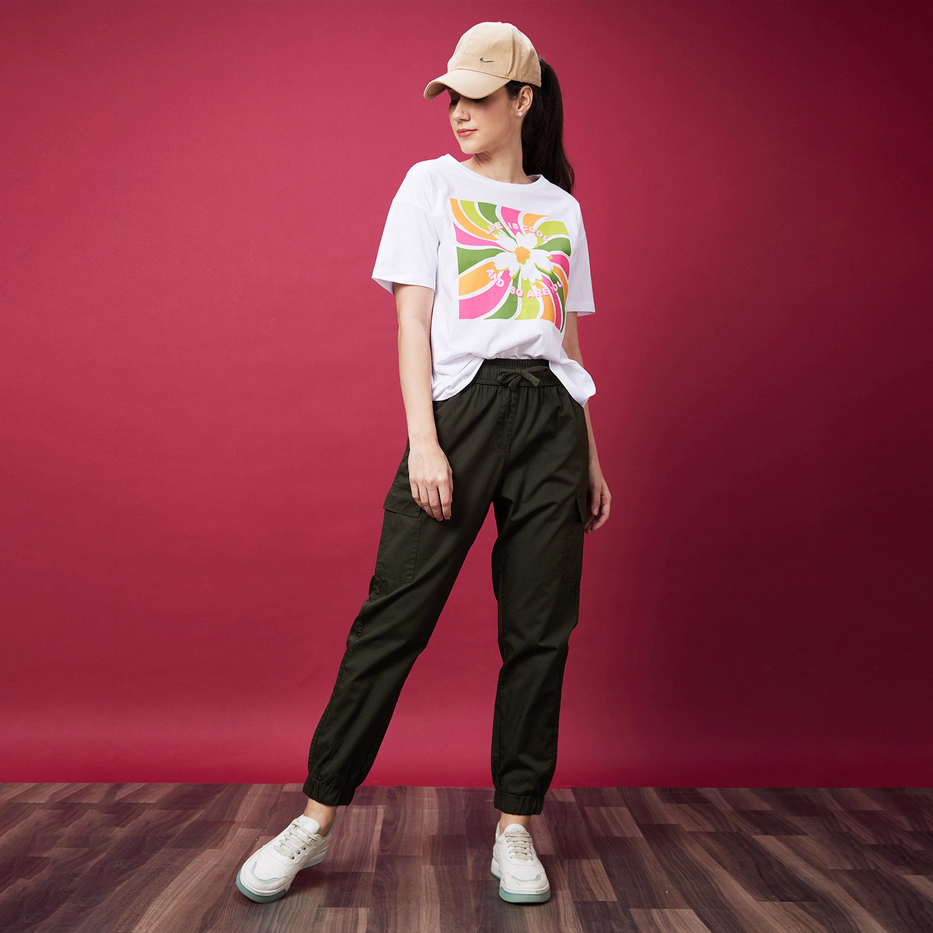 Globus X Styli Solid Mid-Rise Elasticated Waist Cargo Joggers With Drawstring-women-clothing-bottoms-joggers-image-5