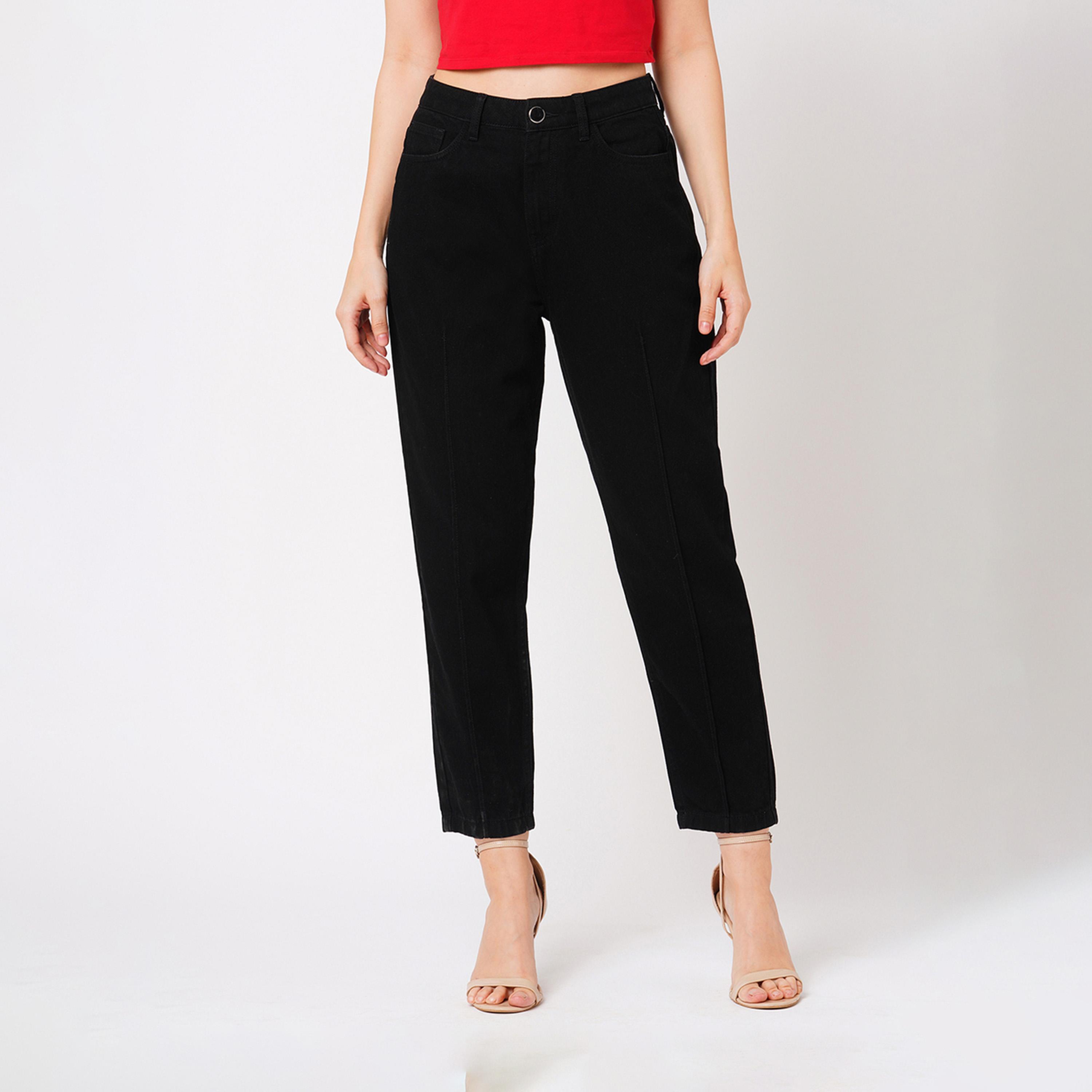 غلوبوس × ستايلي - بنطال جينز سادة بخصر مرتفع وقصة مريحة مع جيوب-women-clothing-bottoms-jeans-image-1